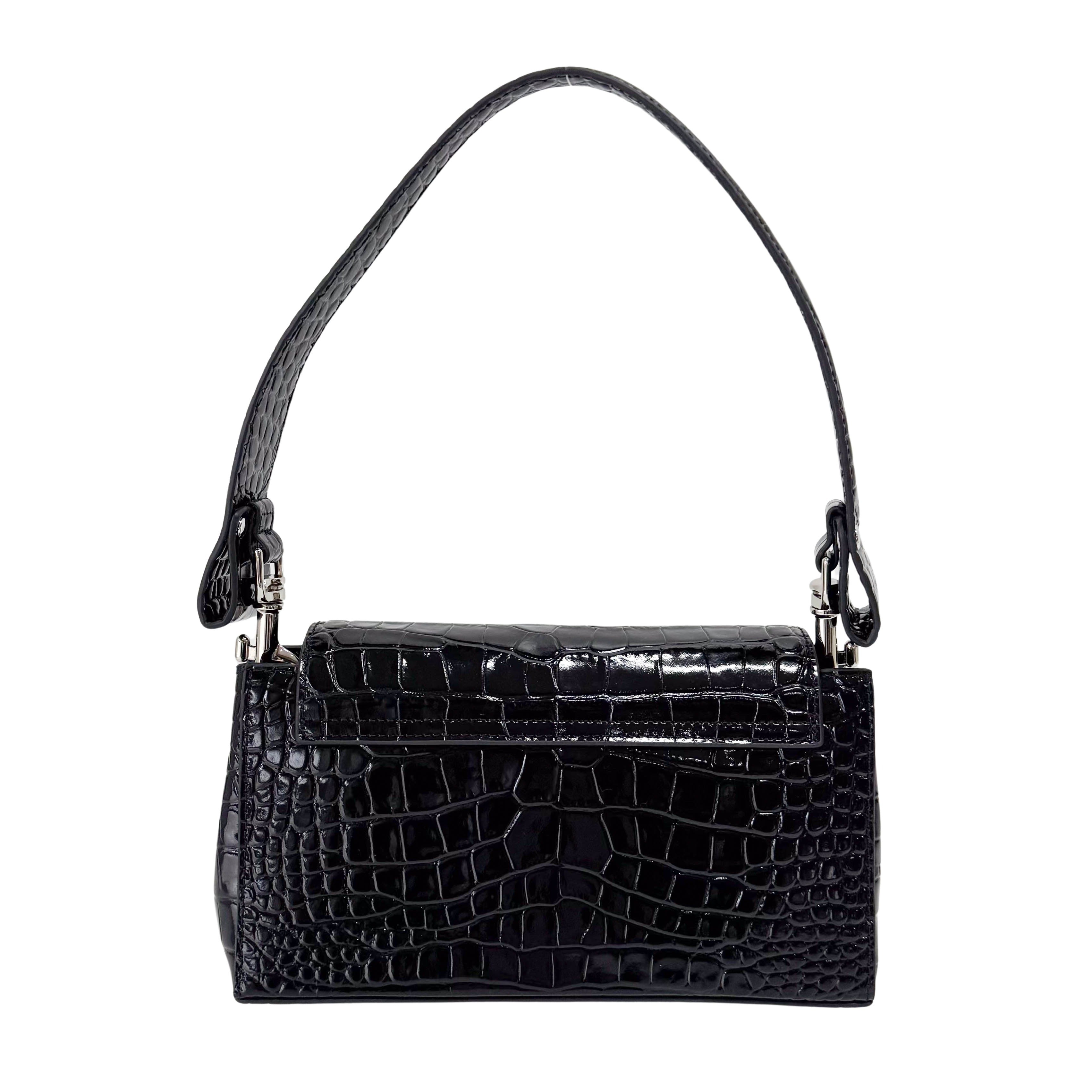 Black Croc Embossed Leather Shoulder Bag