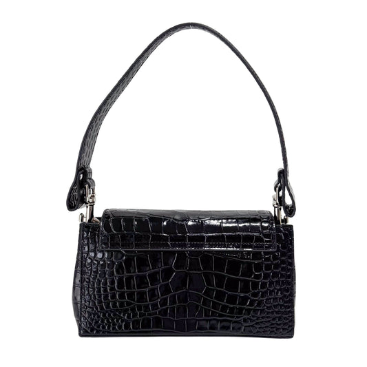 Black Croc Embossed Leather Shoulder Bag