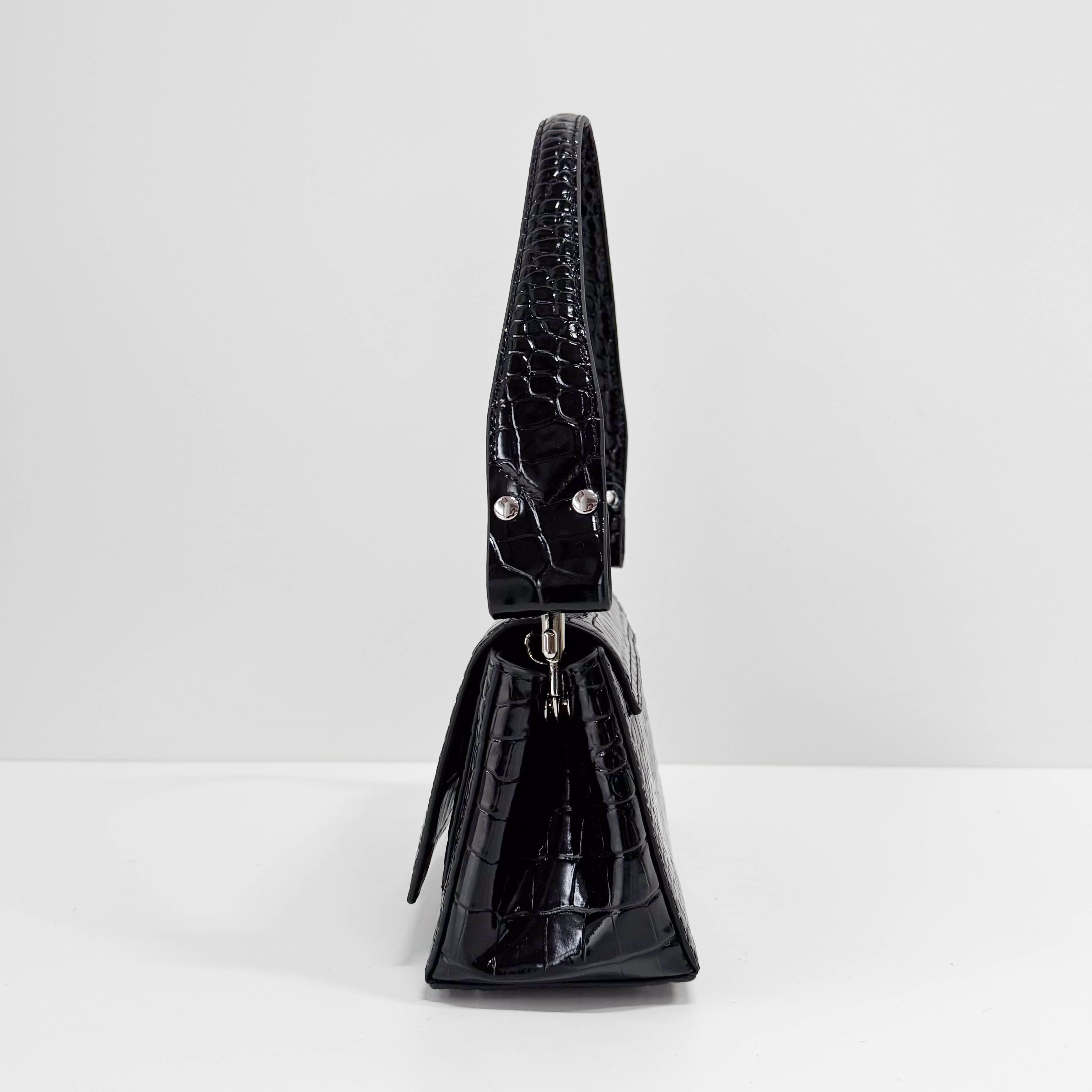 Black Croc Embossed Leather Shoulder Bag