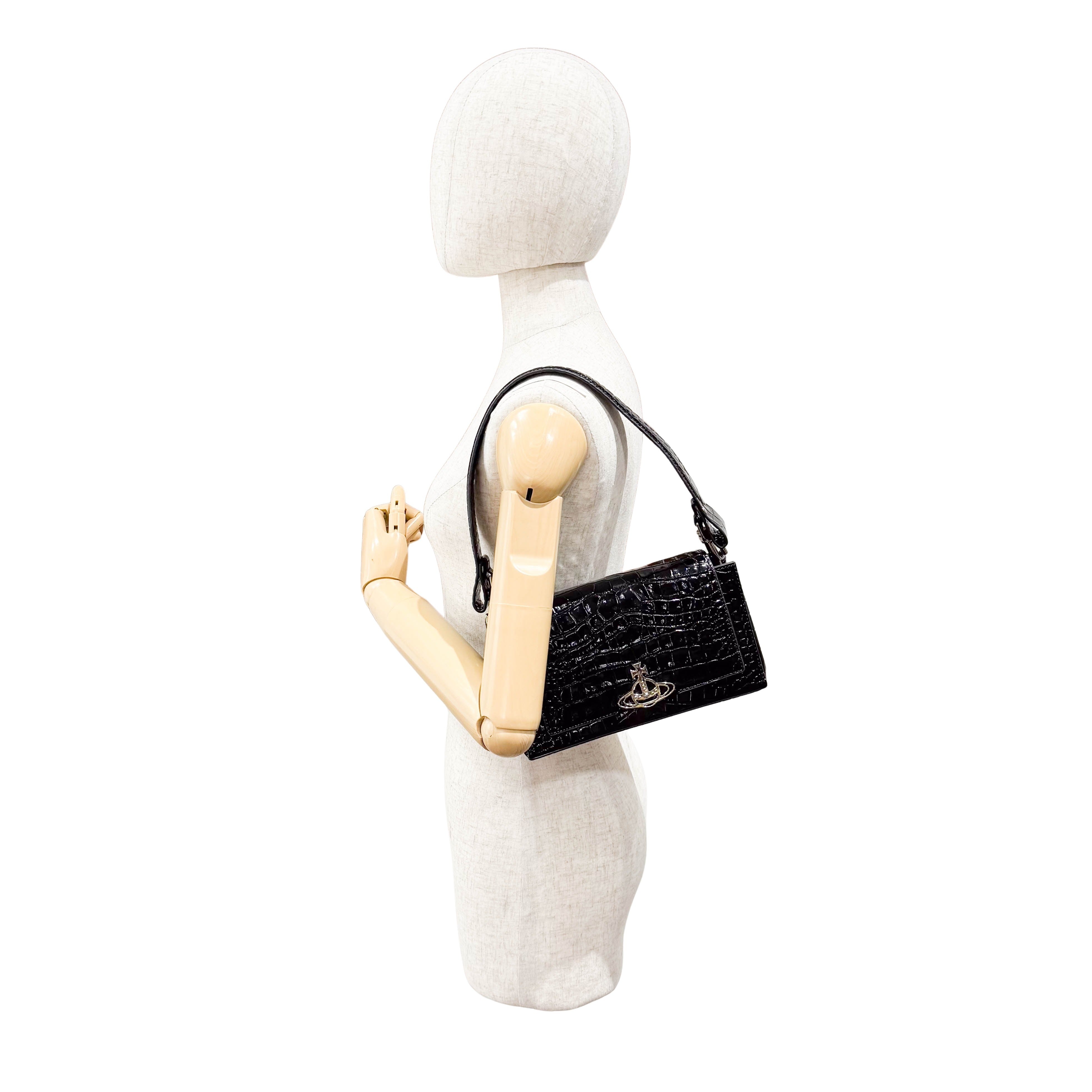 Black Croc Embossed Leather Shoulder Bag