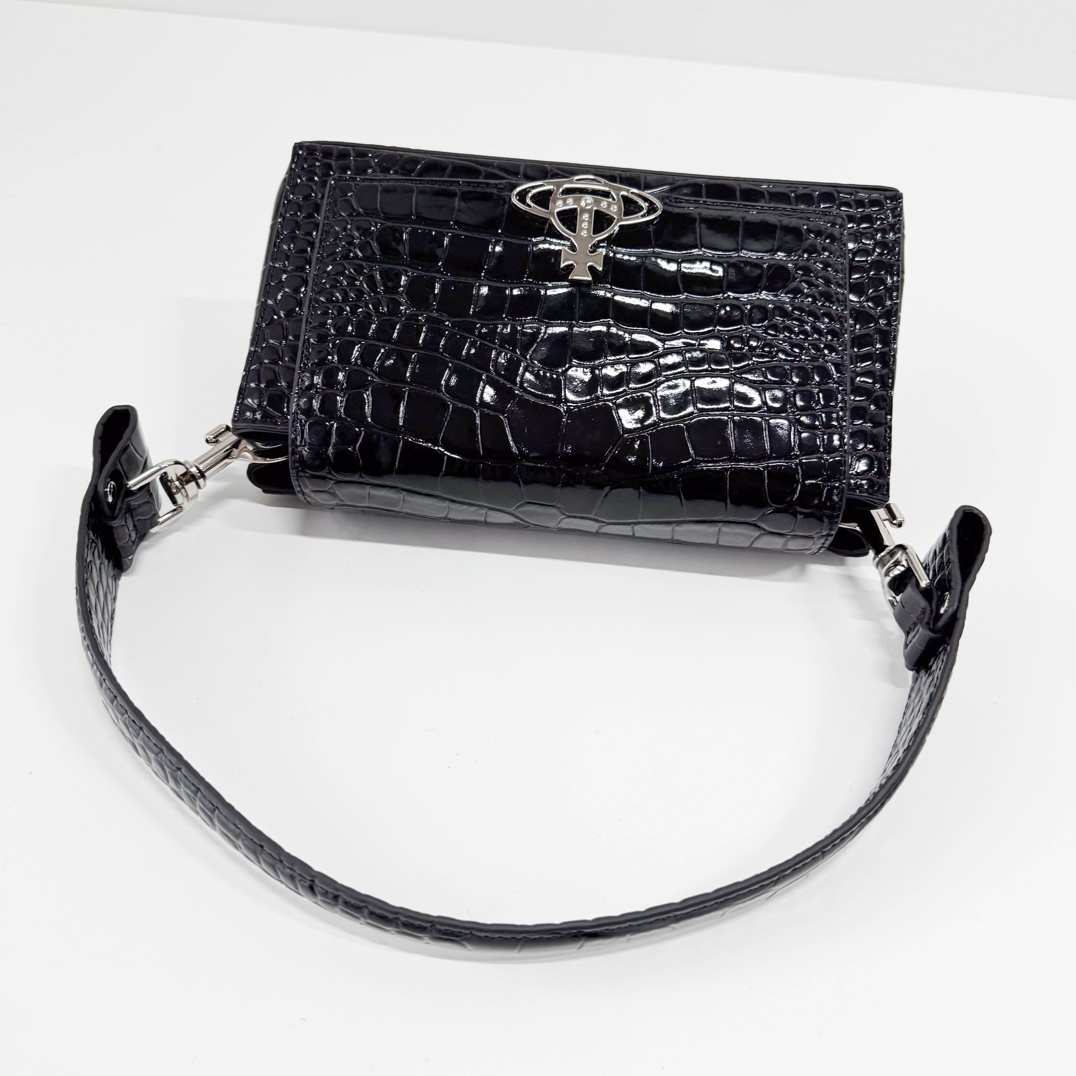 Black Croc Embossed Leather Shoulder Bag