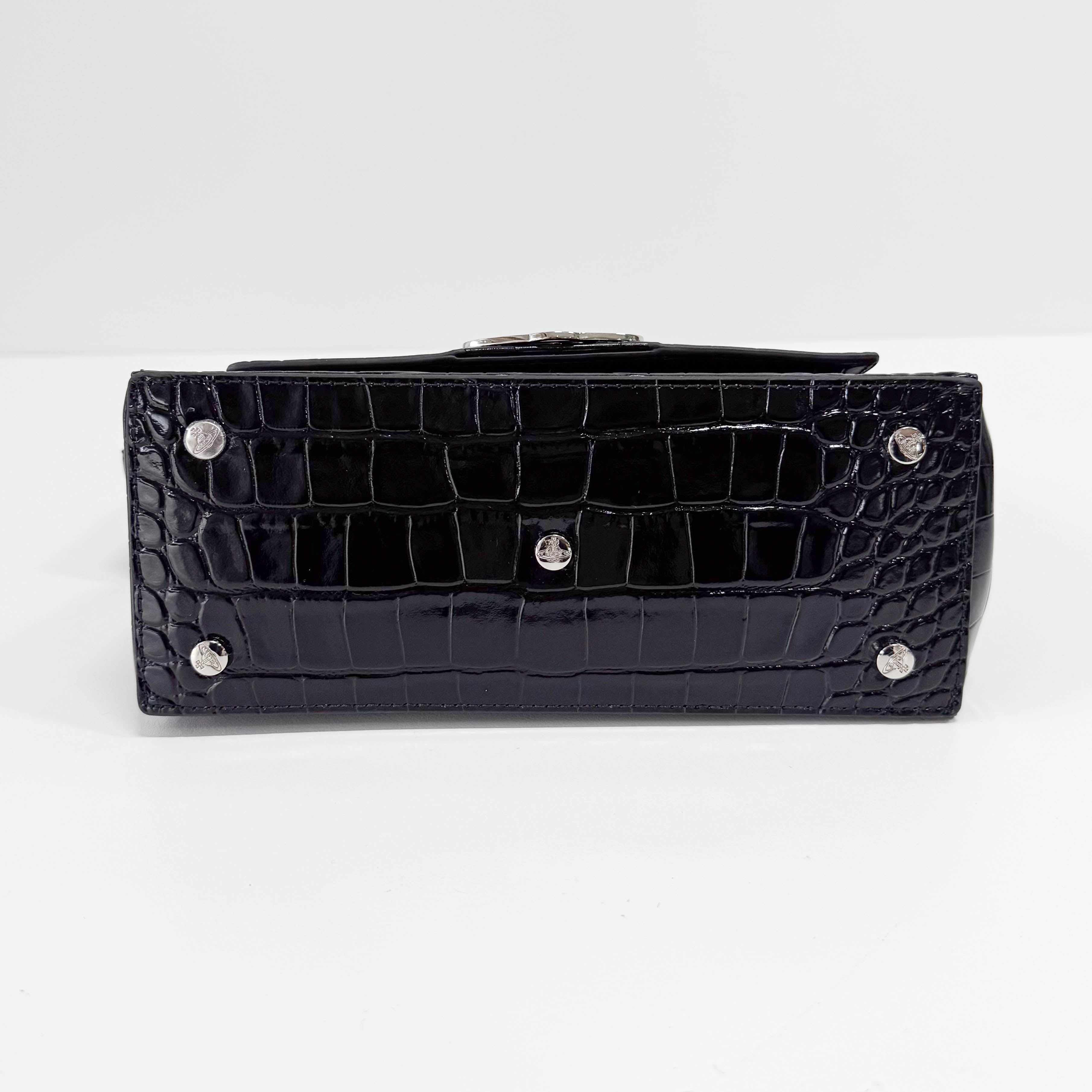 Black Croc Embossed Leather Shoulder Bag
