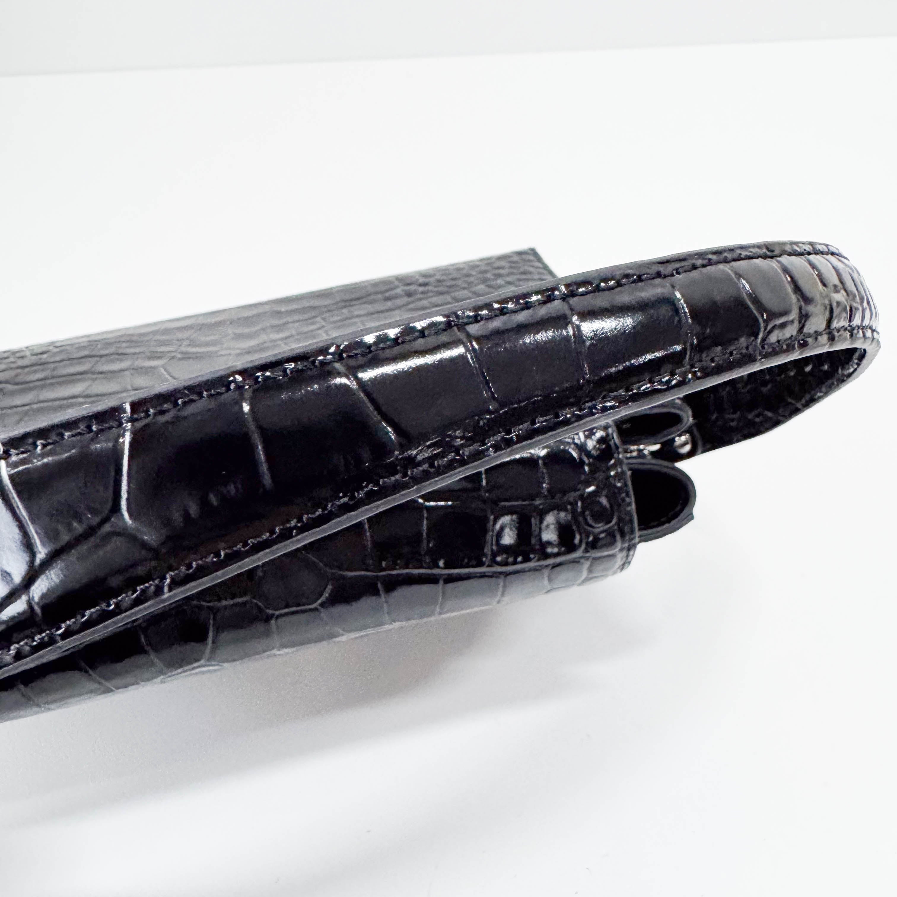 Black Croc Embossed Leather Shoulder Bag