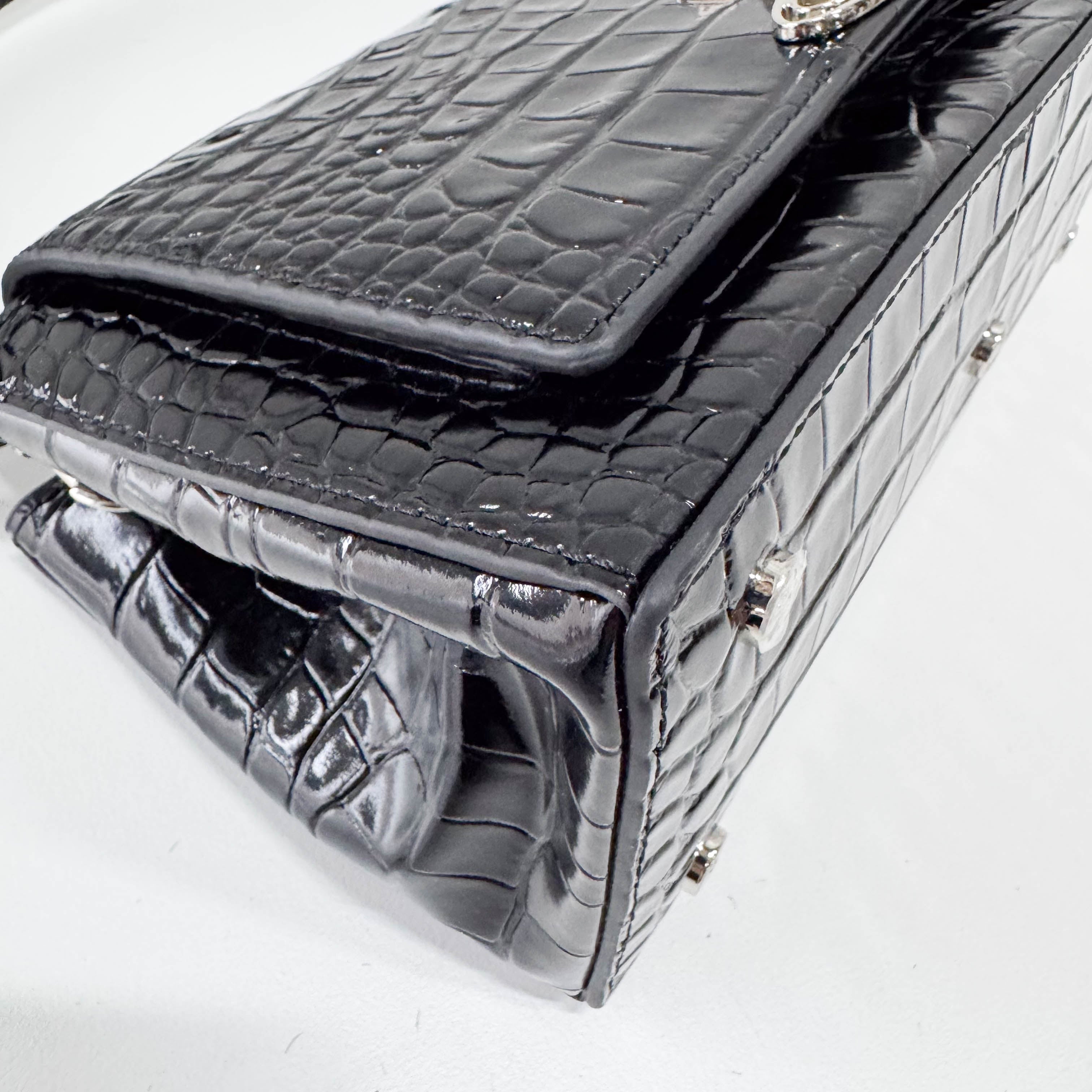 Black Croc Embossed Leather Shoulder Bag