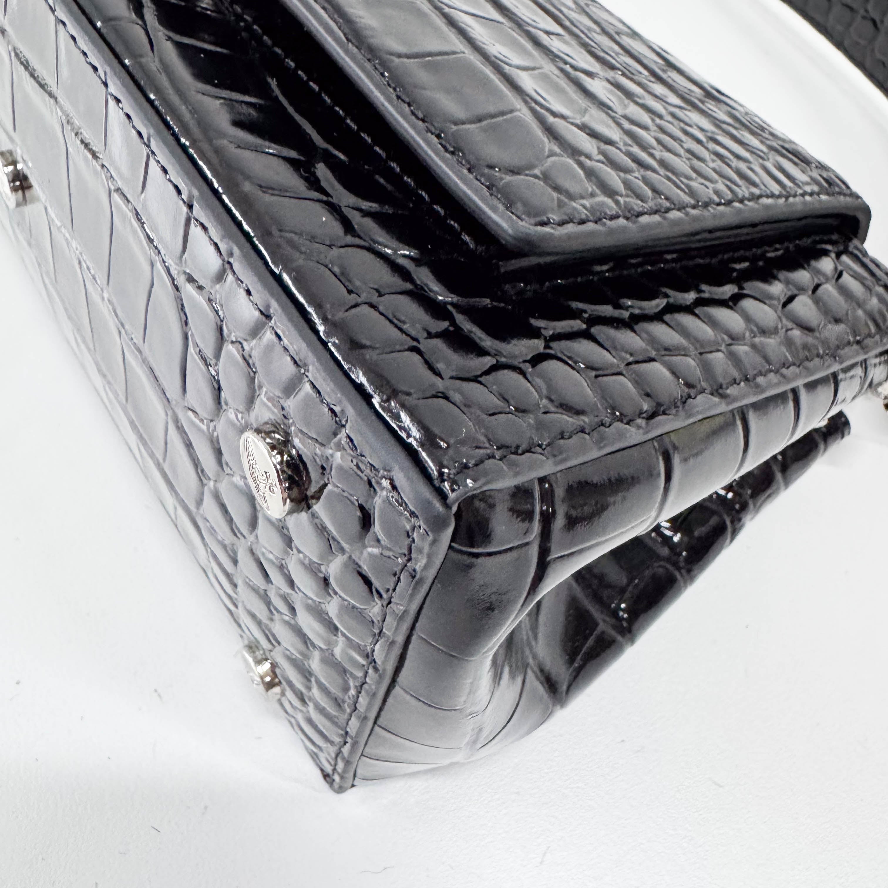 Black Croc Embossed Leather Shoulder Bag