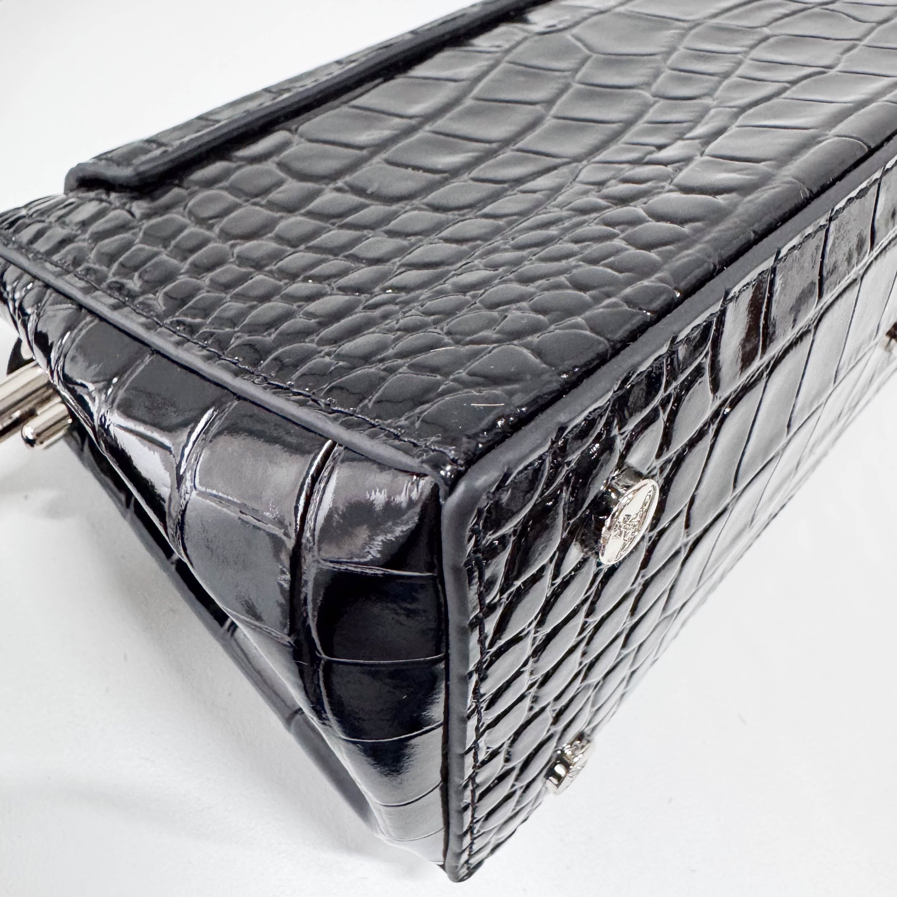 Black Croc Embossed Leather Shoulder Bag