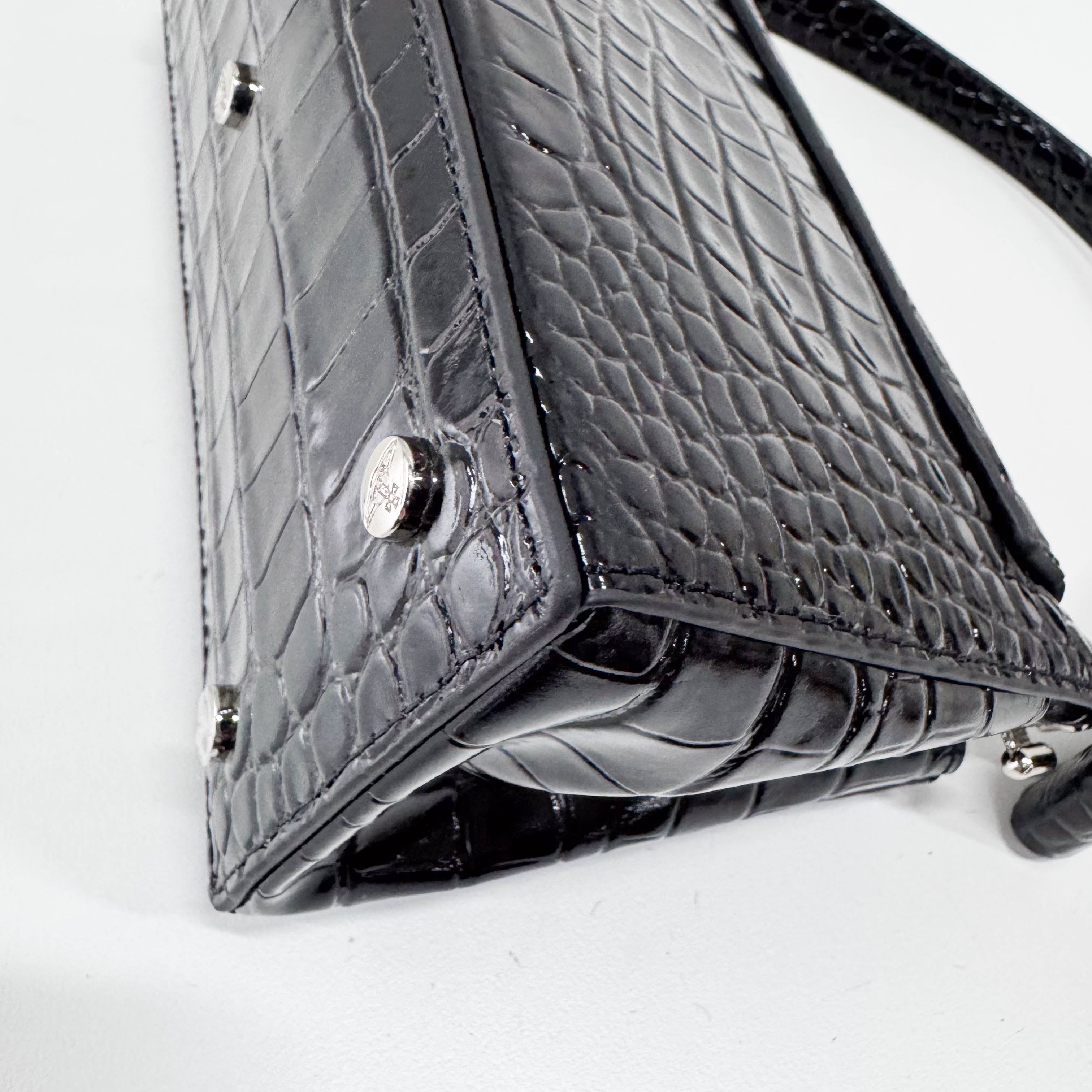 Black Croc Embossed Leather Shoulder Bag