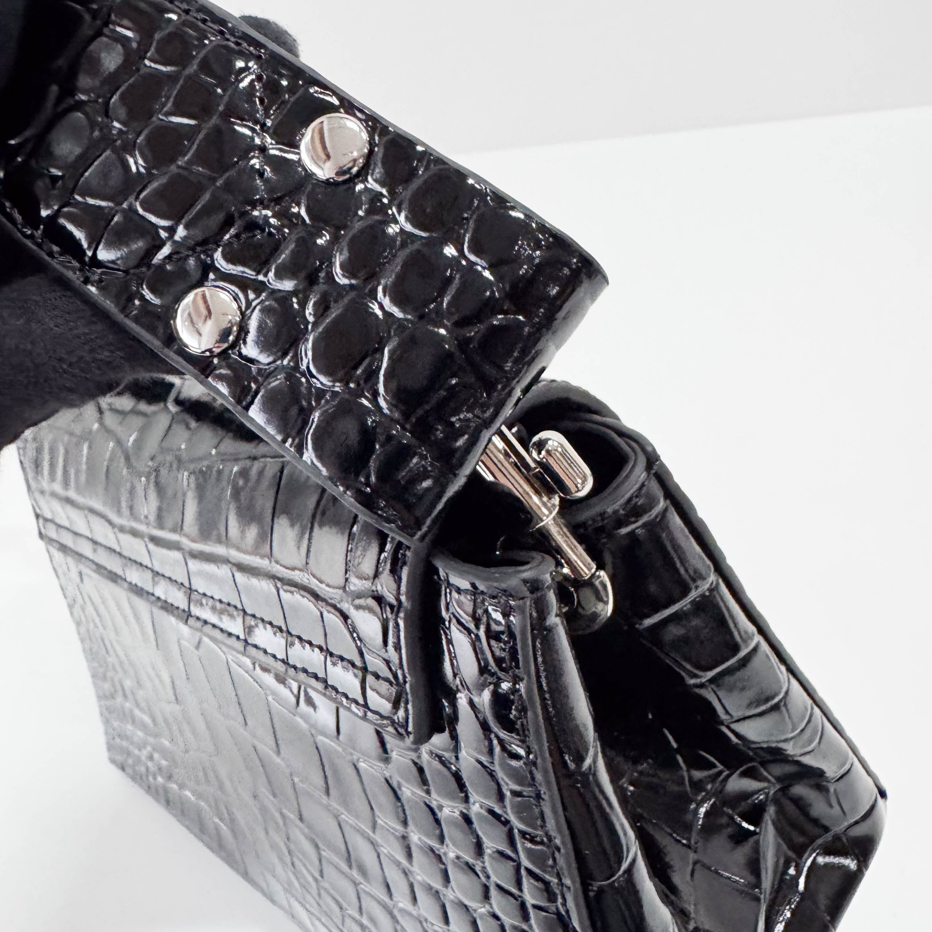 Black Croc Embossed Leather Shoulder Bag