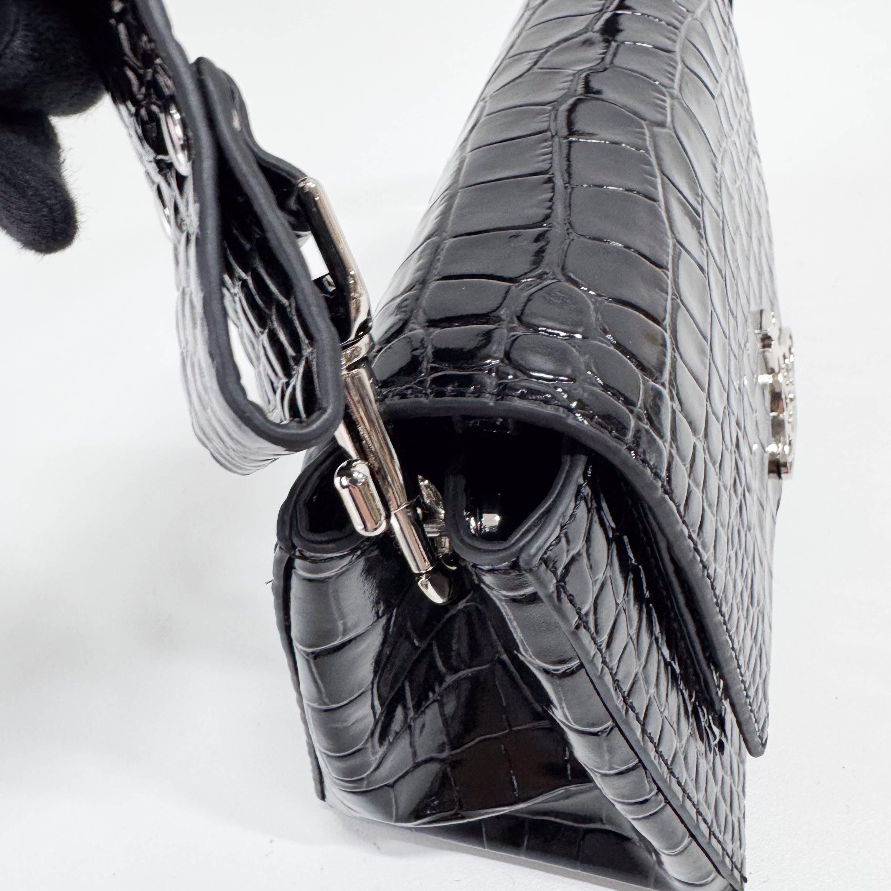 Black Croc Embossed Leather Shoulder Bag