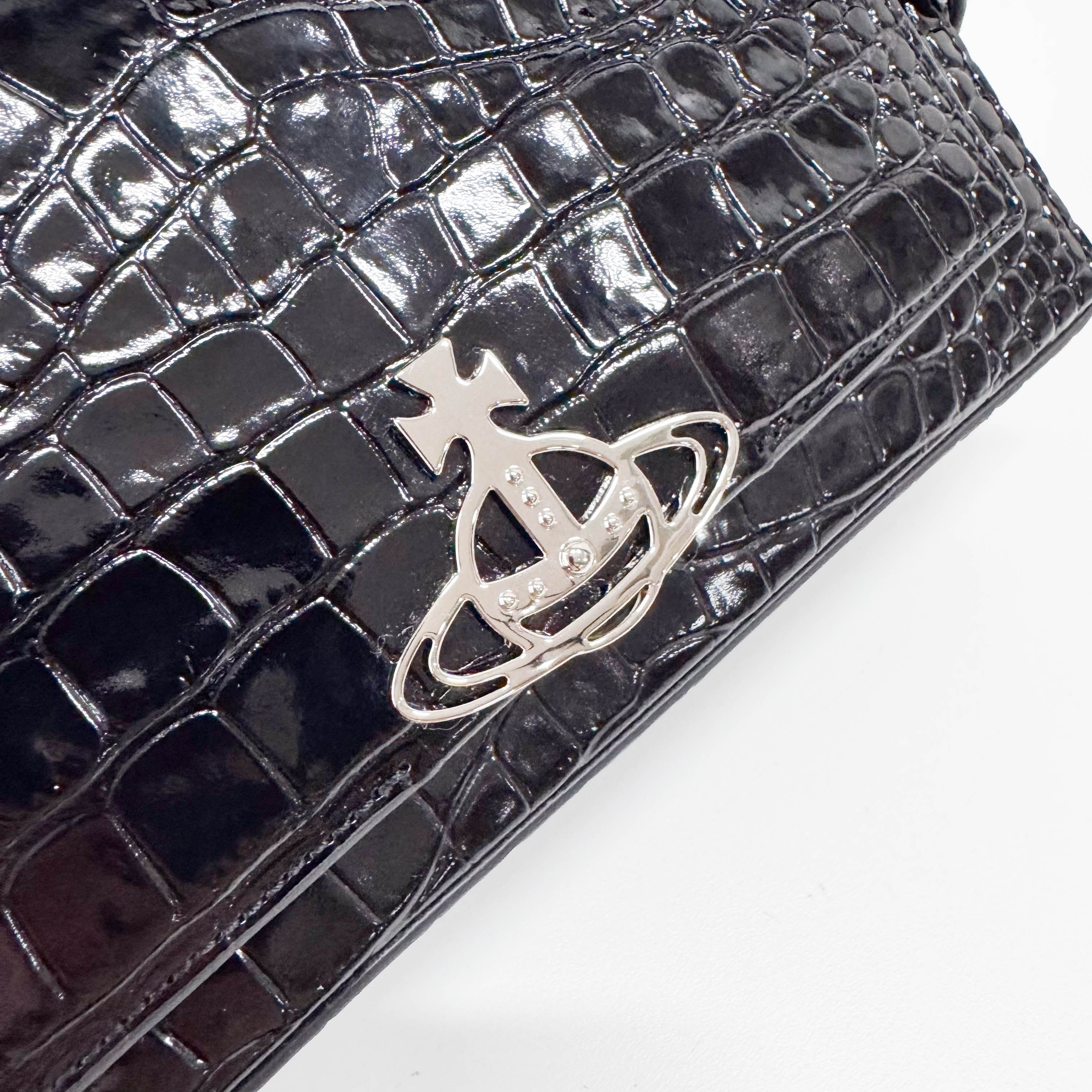 Black Croc Embossed Leather Shoulder Bag