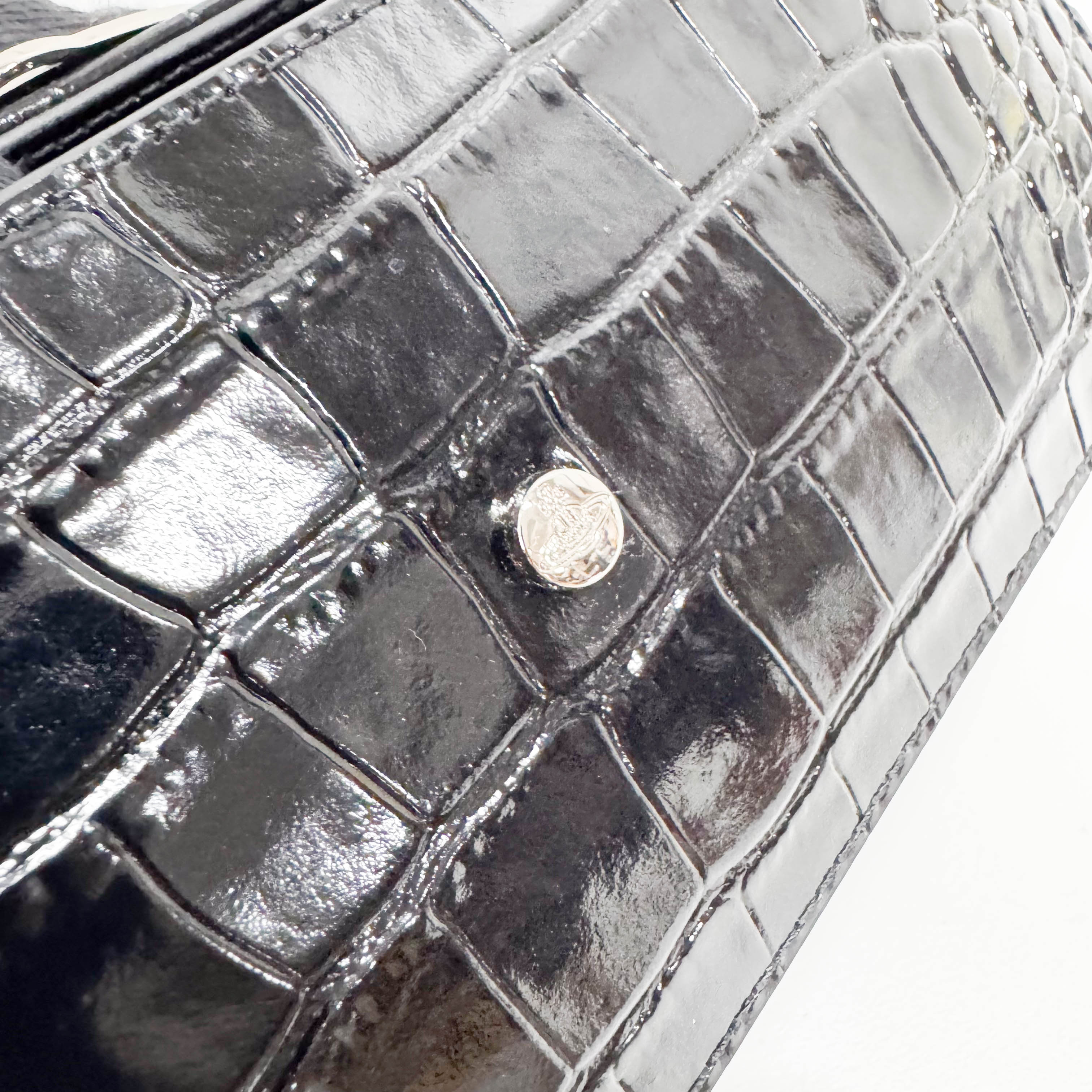 Black Croc Embossed Leather Shoulder Bag