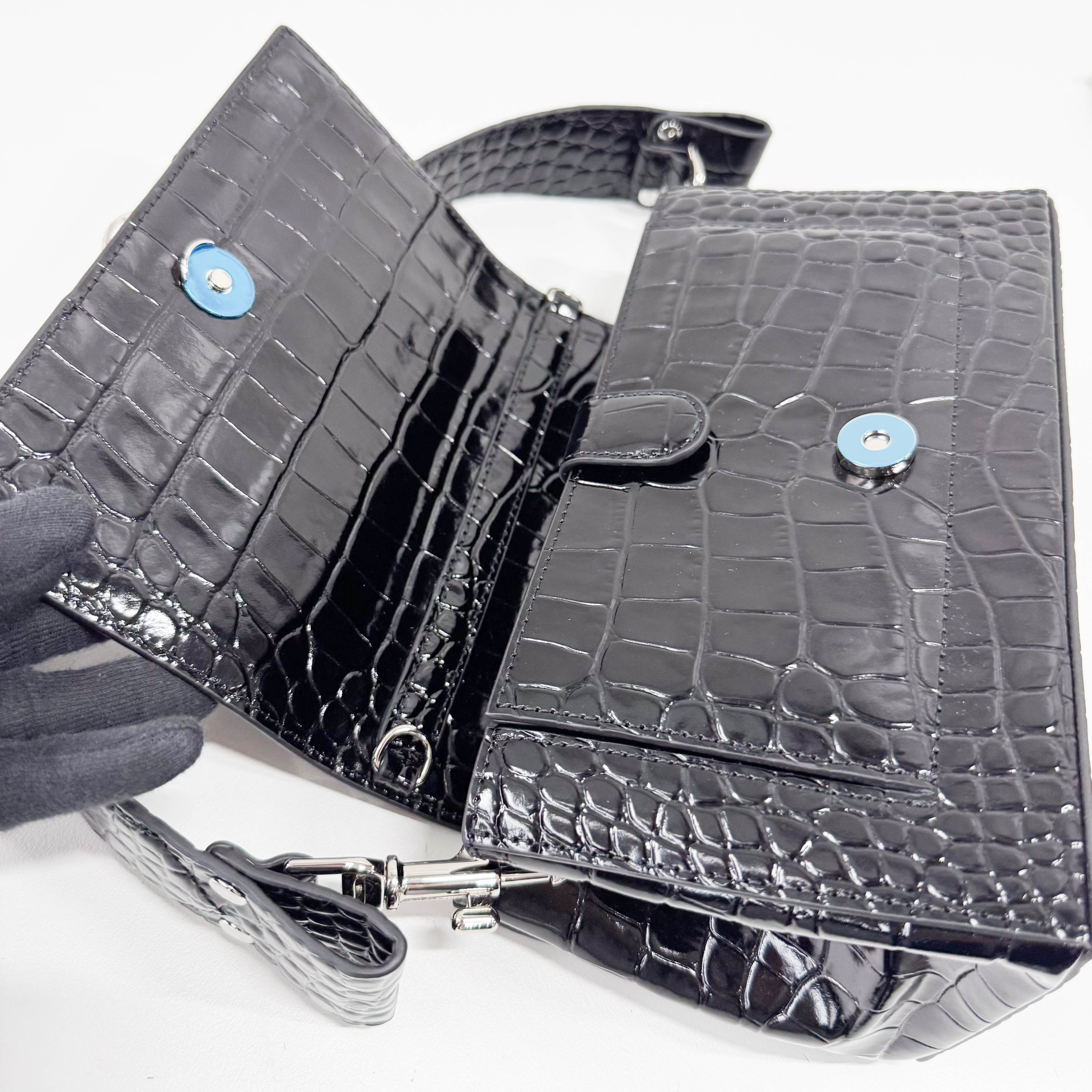 Black Croc Embossed Leather Shoulder Bag