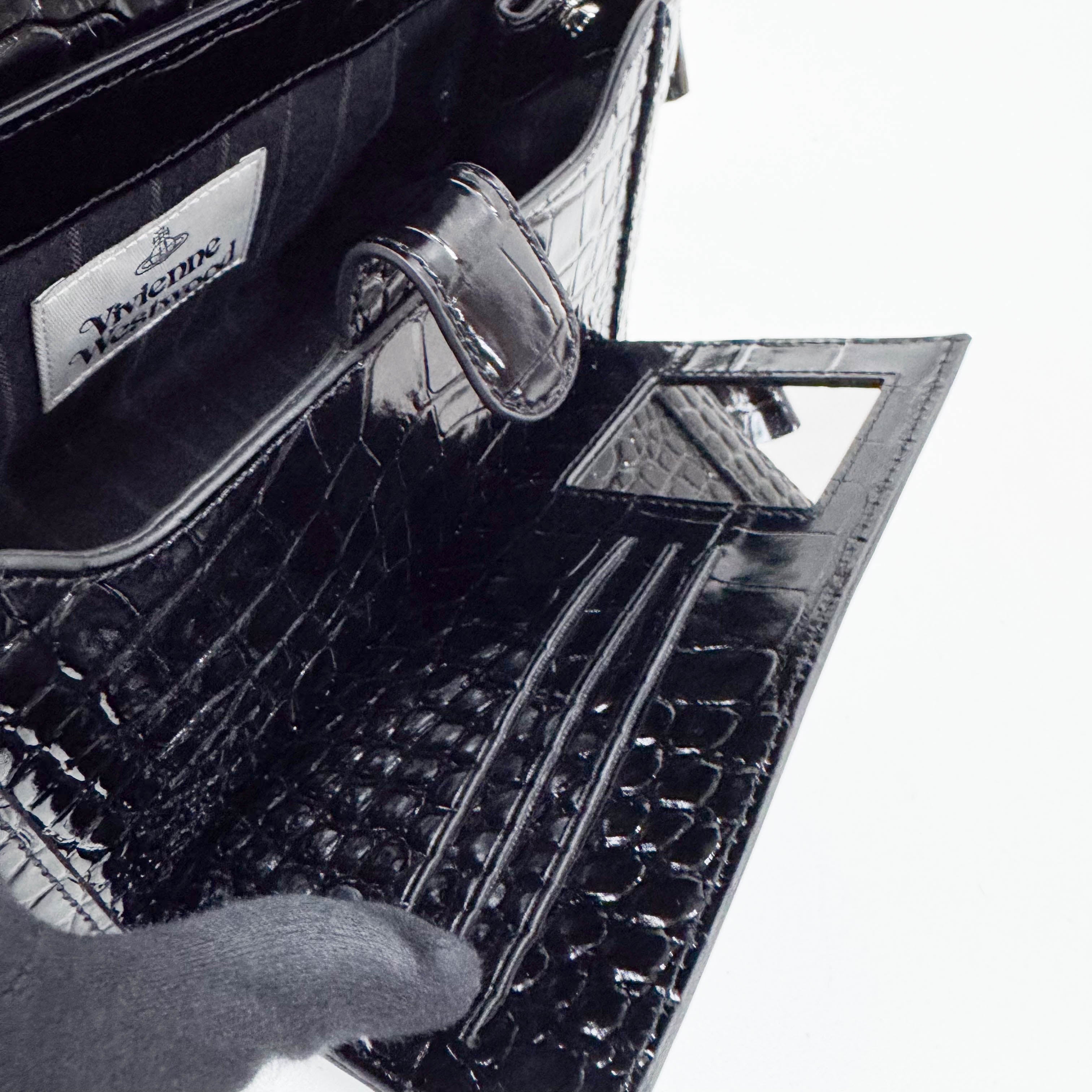 Black Croc Embossed Leather Shoulder Bag