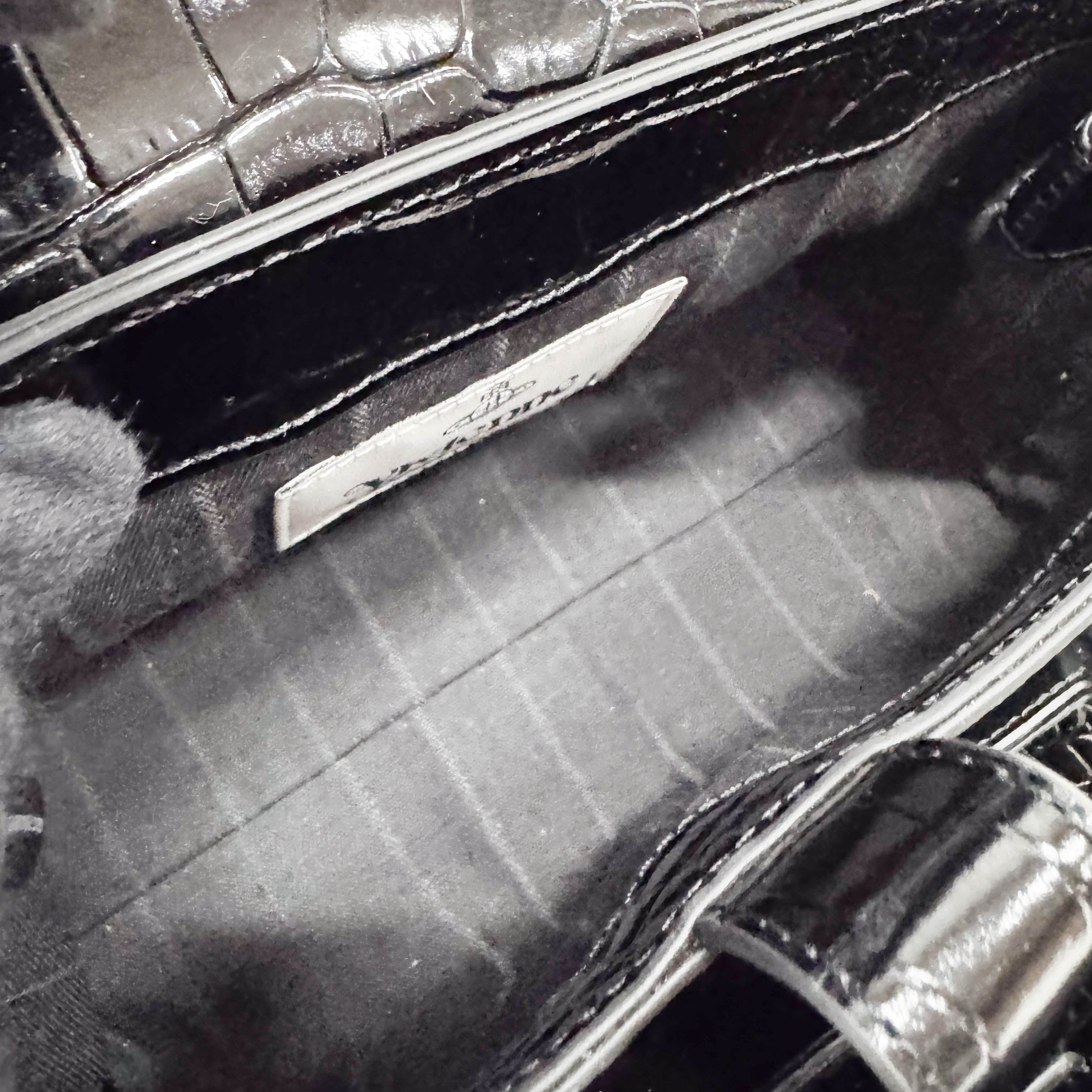 Black Croc Embossed Leather Shoulder Bag