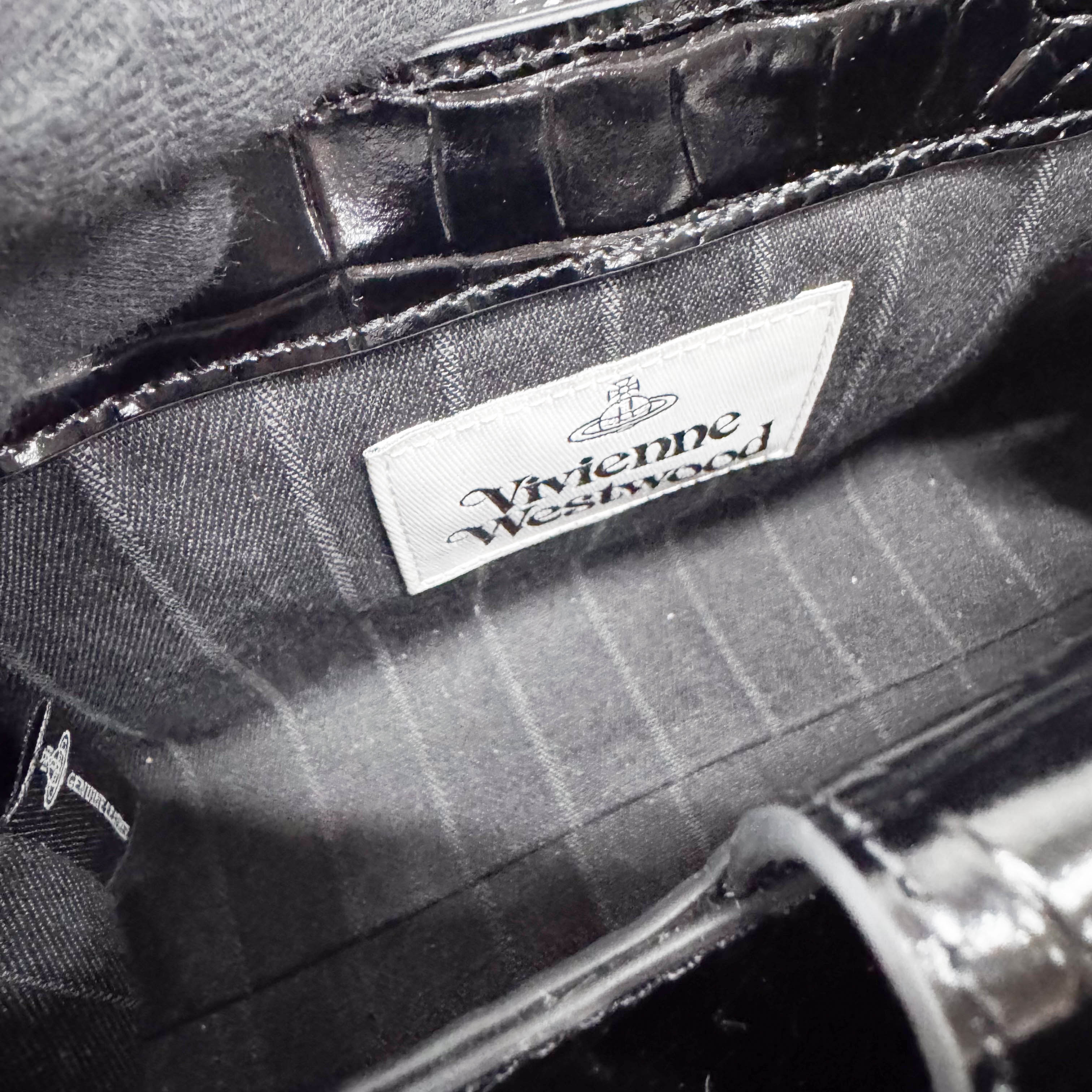 Black Croc Embossed Leather Shoulder Bag