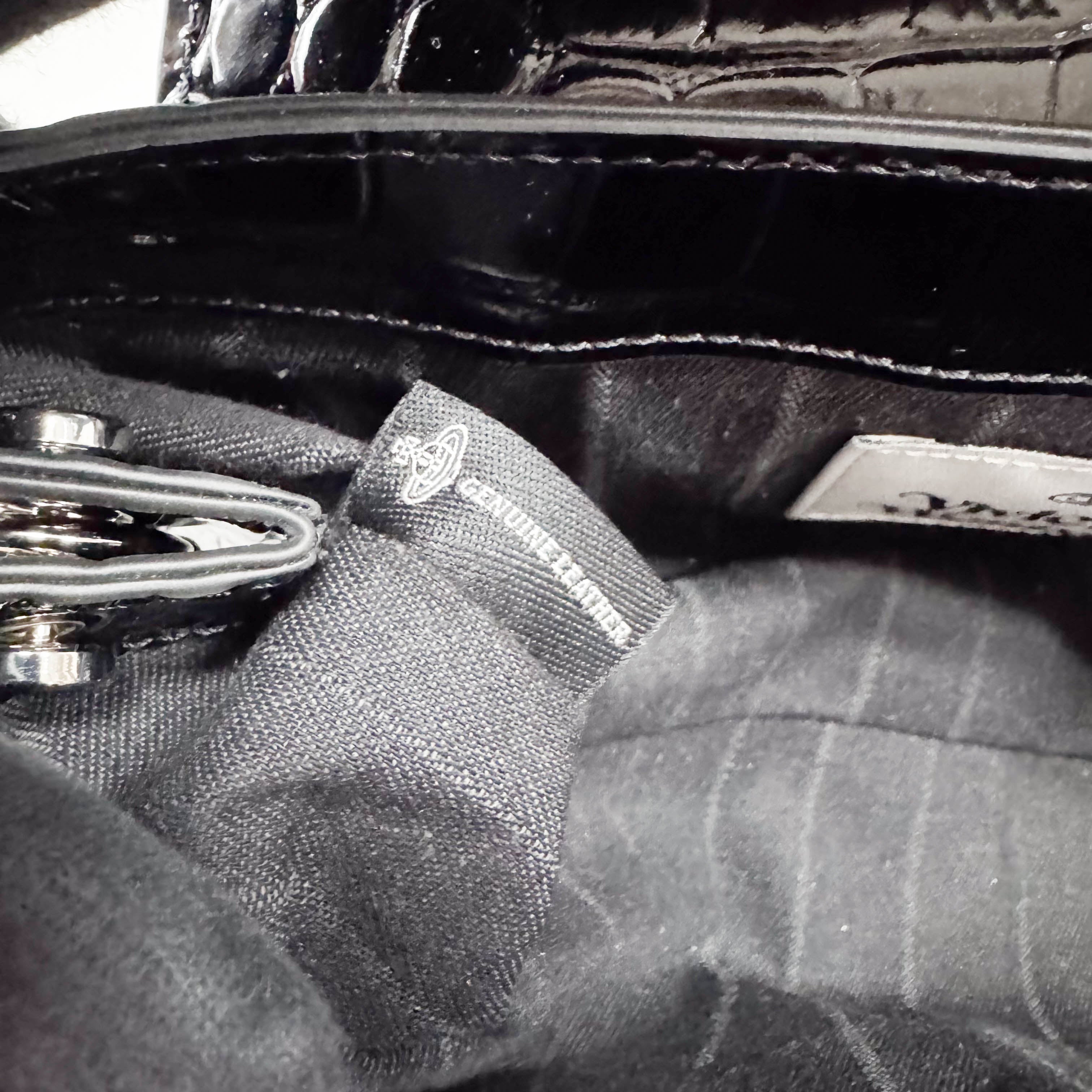 Black Croc Embossed Leather Shoulder Bag