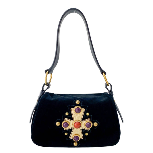 Crucifix Black Velvet Flap Shoulder Bag