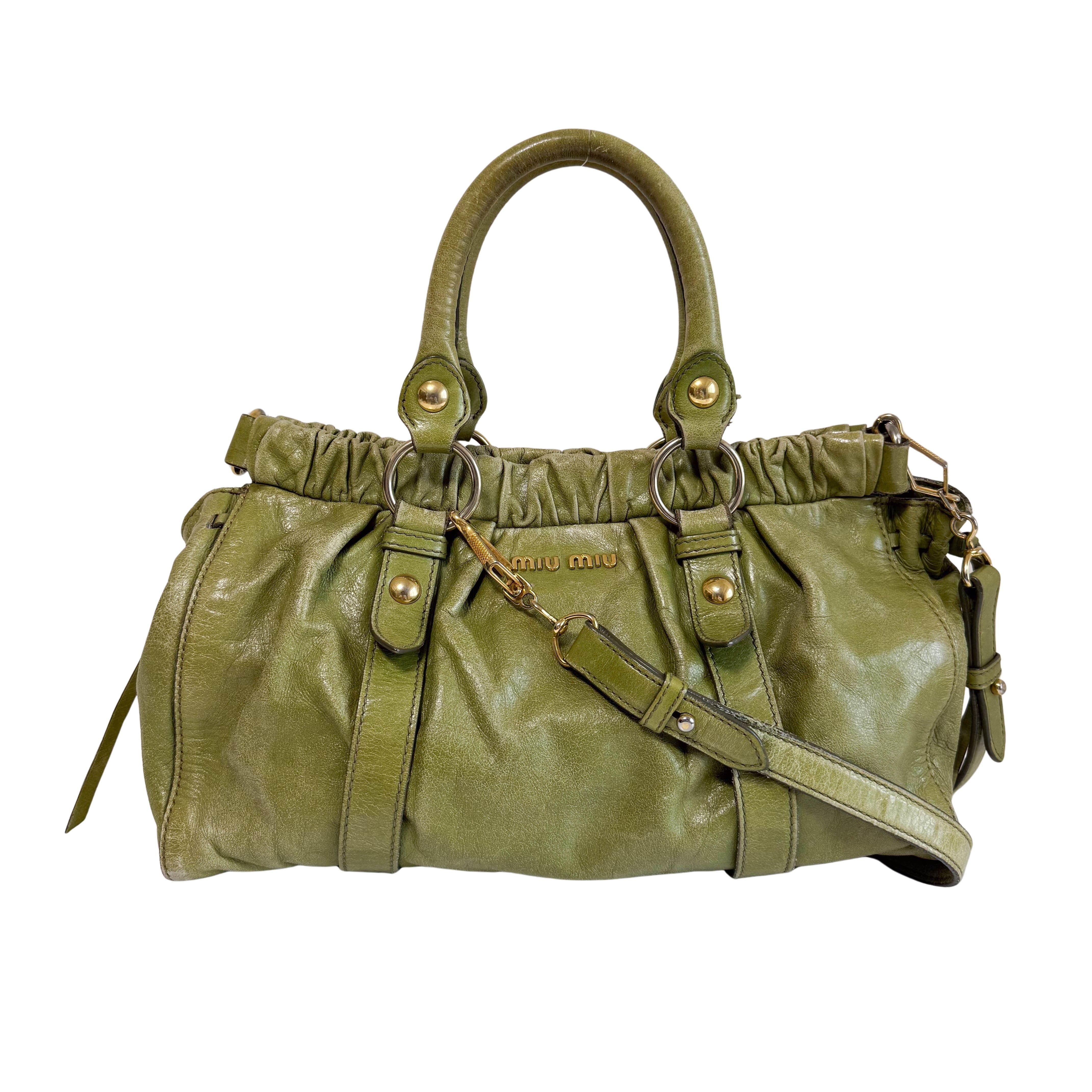 Vitello Bauletto Green Leather Handle/Shoulder Bag