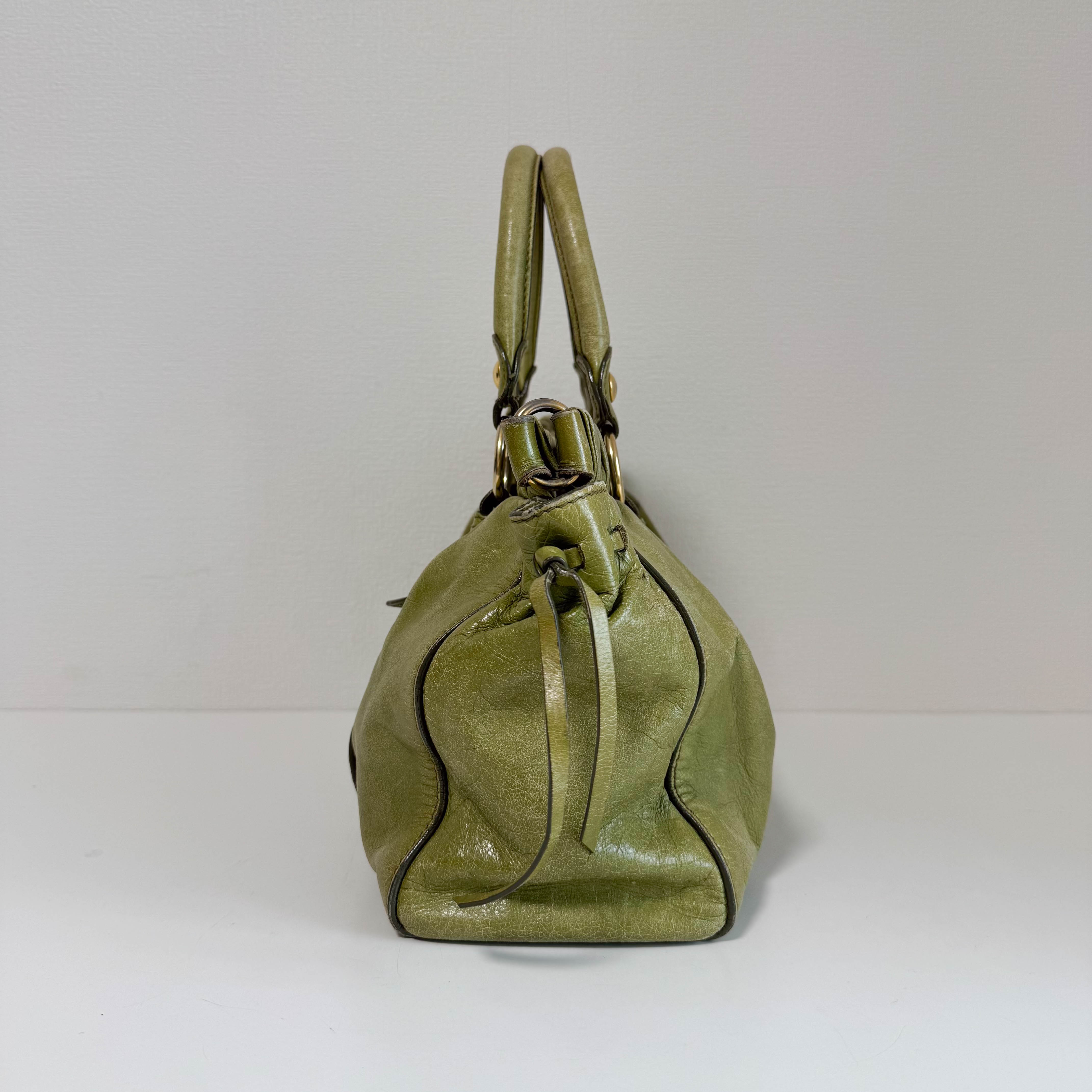 Vitello Bauletto Green Leather Handle/Shoulder Bag