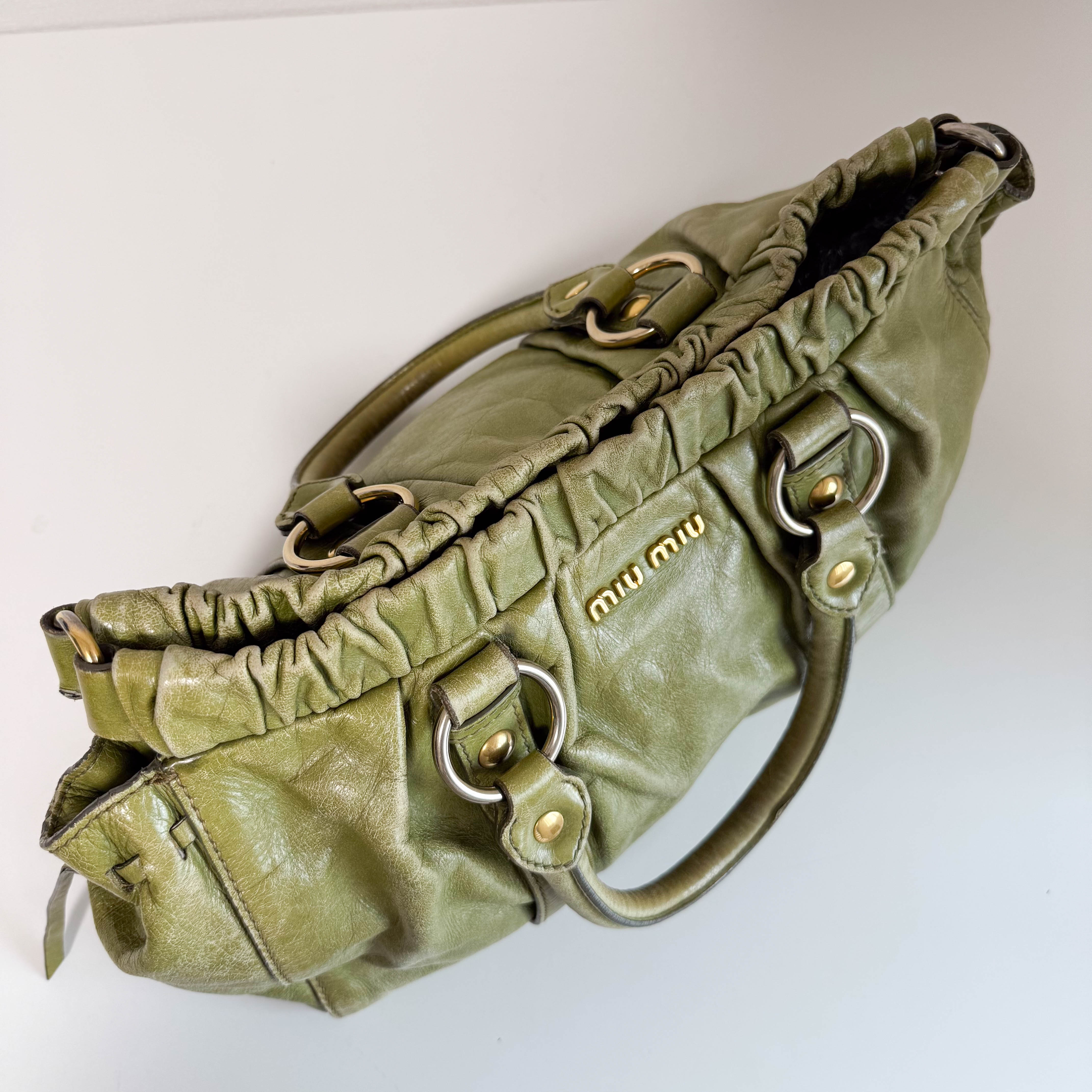 Vitello Bauletto Green Leather Handle/Shoulder Bag