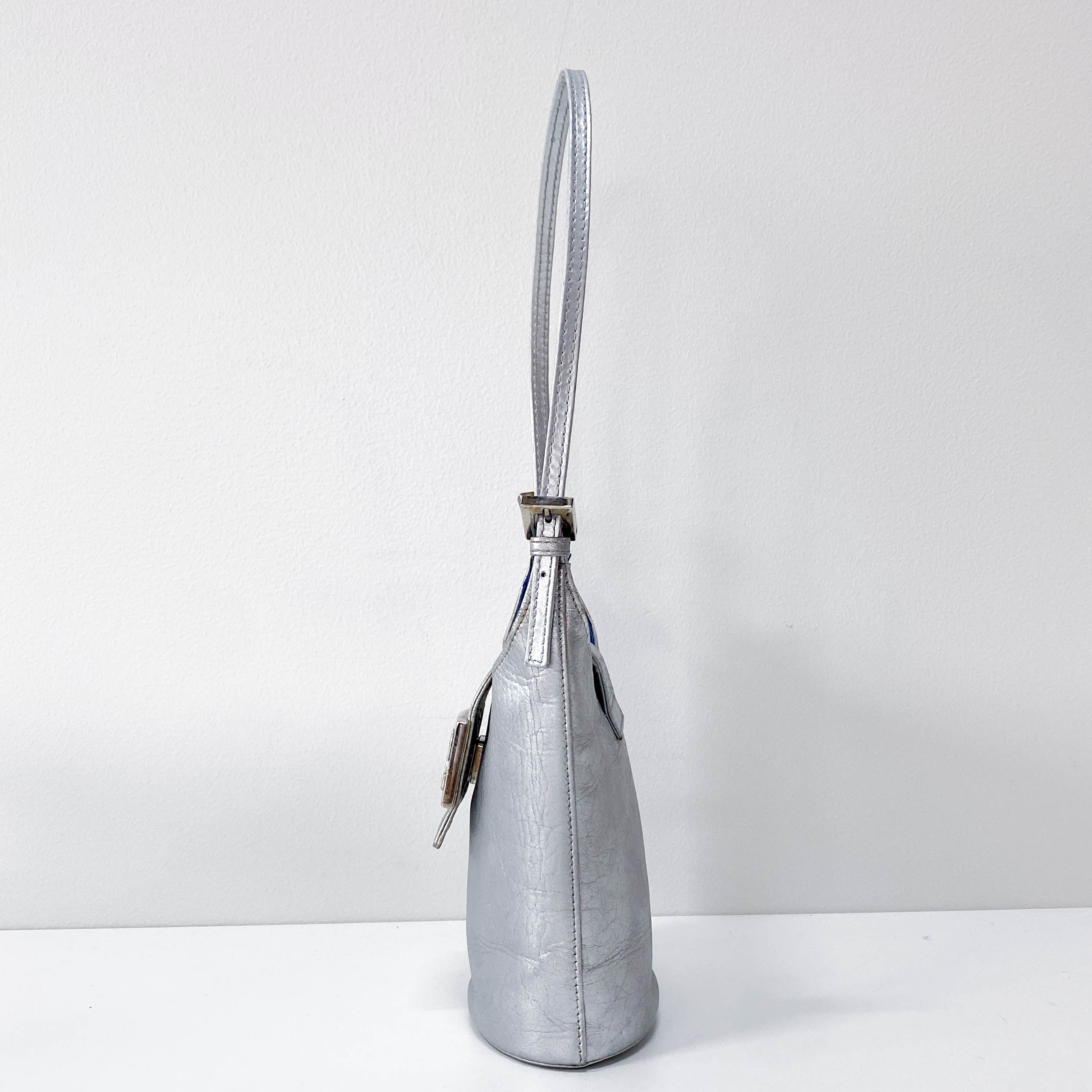 Mini Bucket Metallic Silver Leather Shoulder Bag