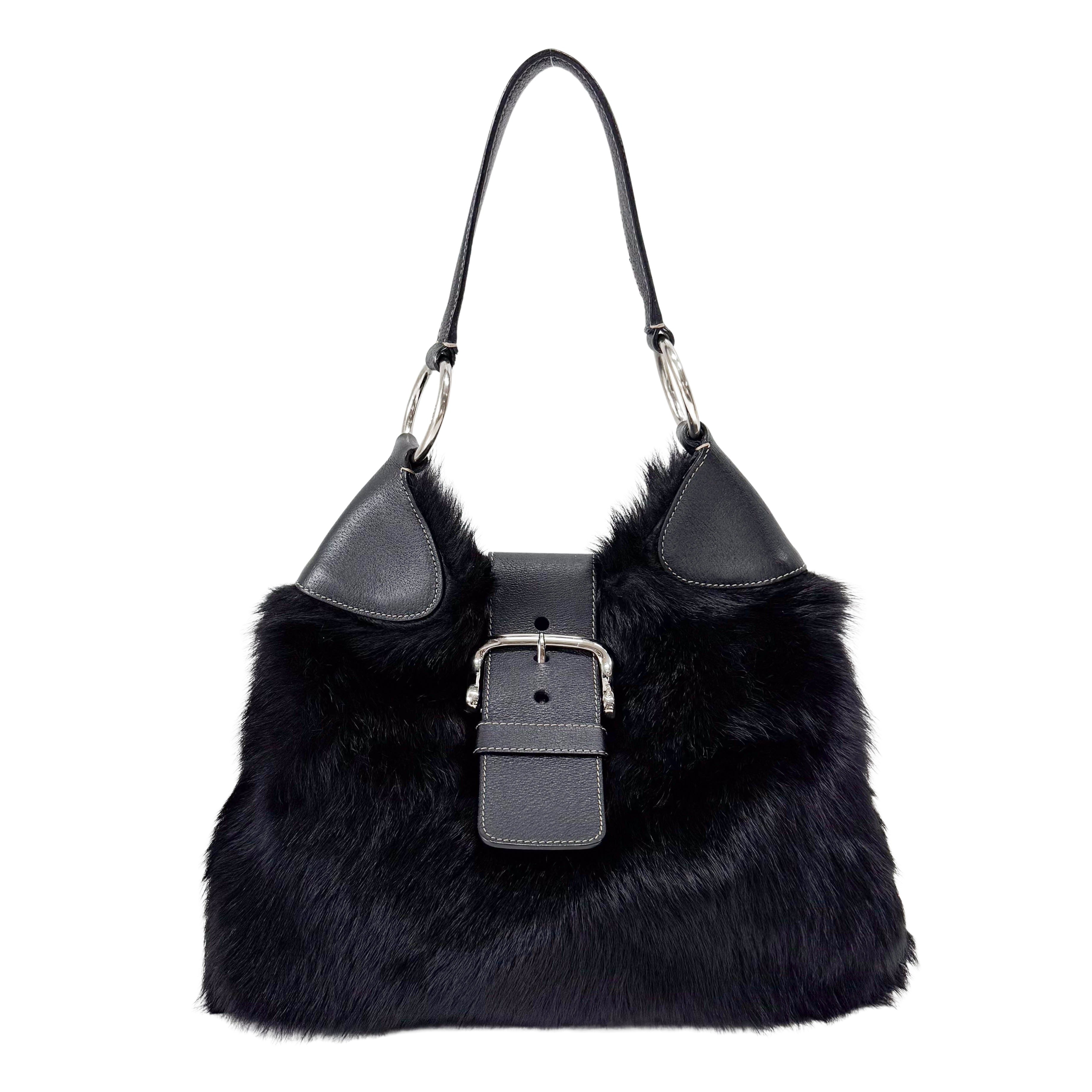 Black Fur with Leather Buckle Shoulder Bag