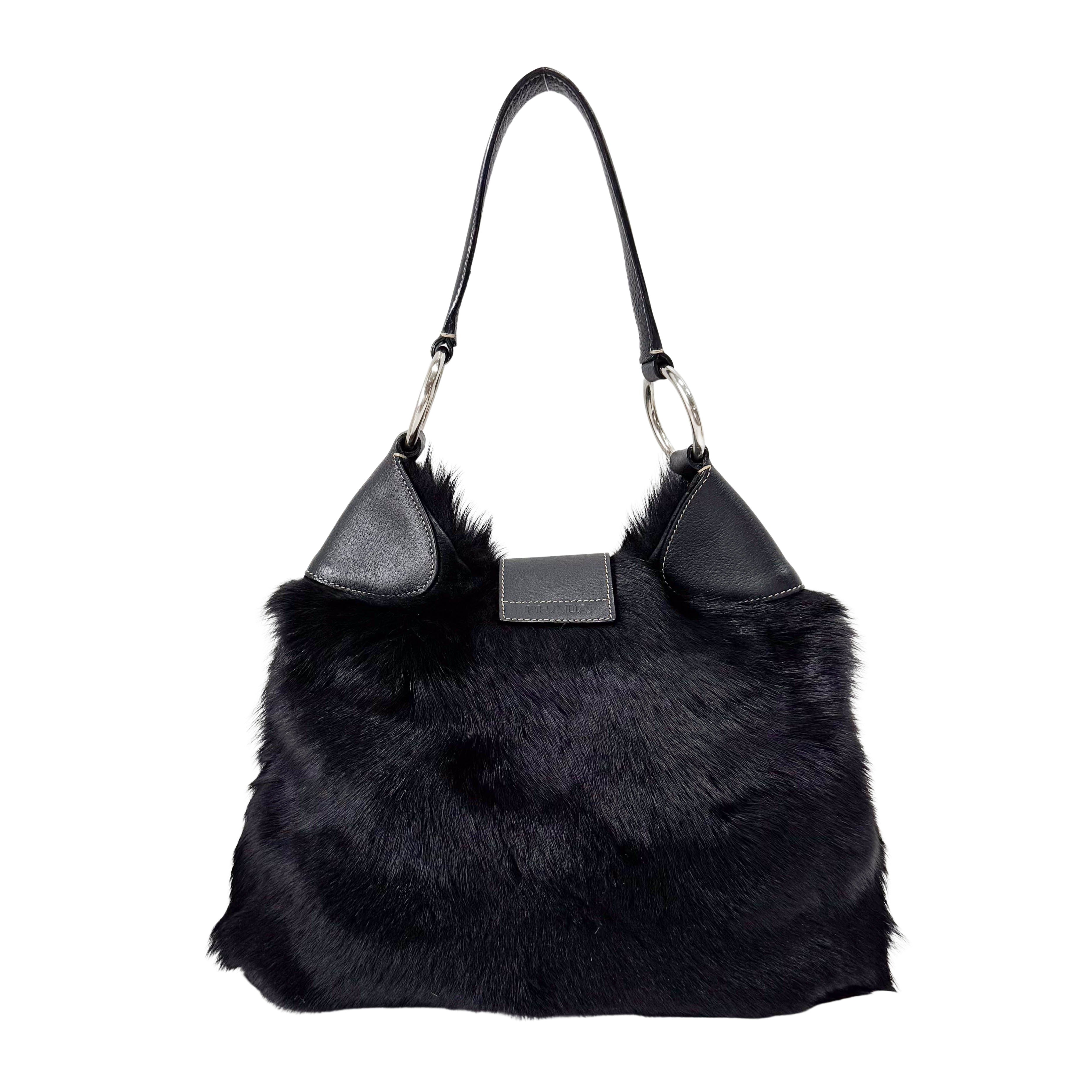 Black Fur with Leather Buckle Shoulder Bag