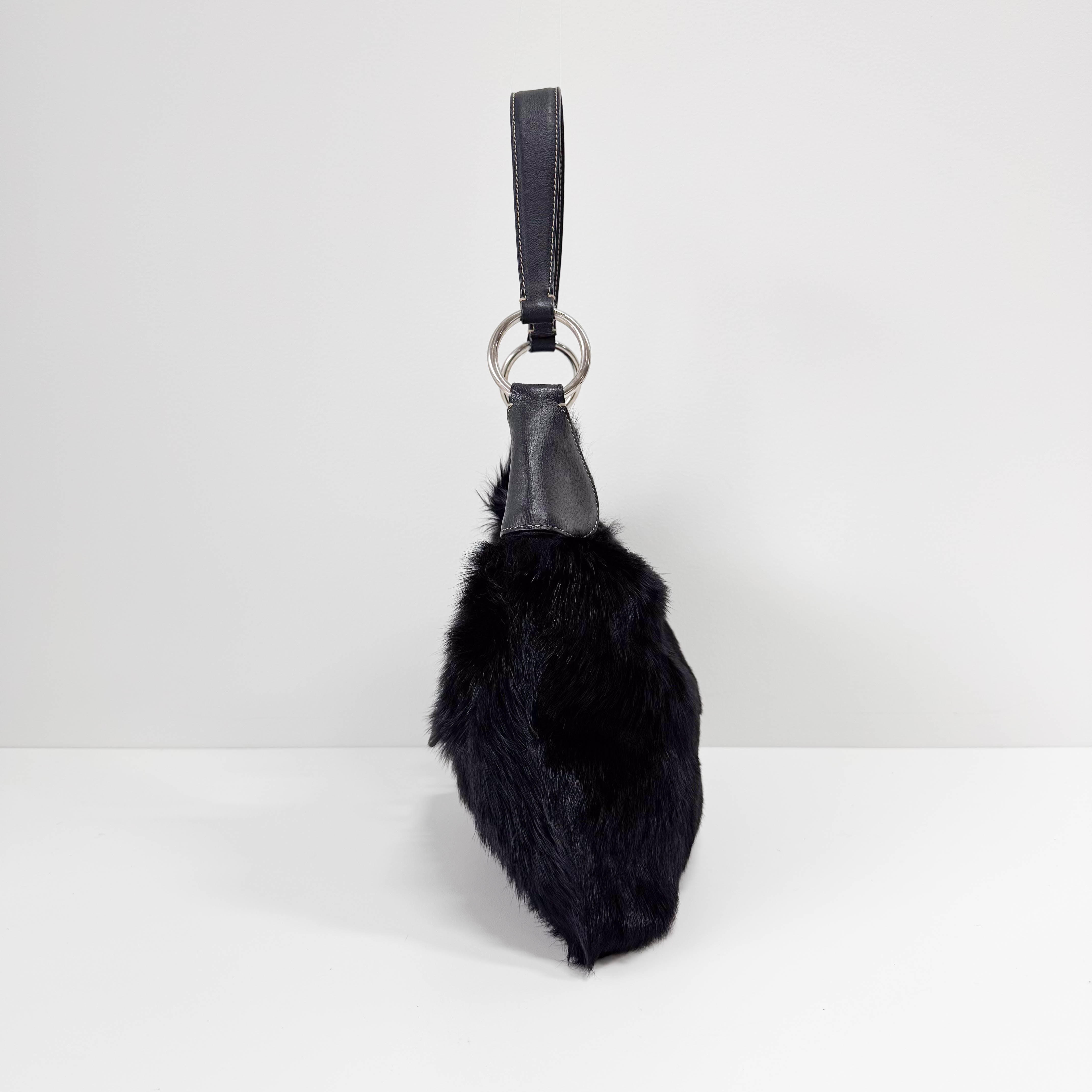 Black Fur with Leather Buckle Shoulder Bag