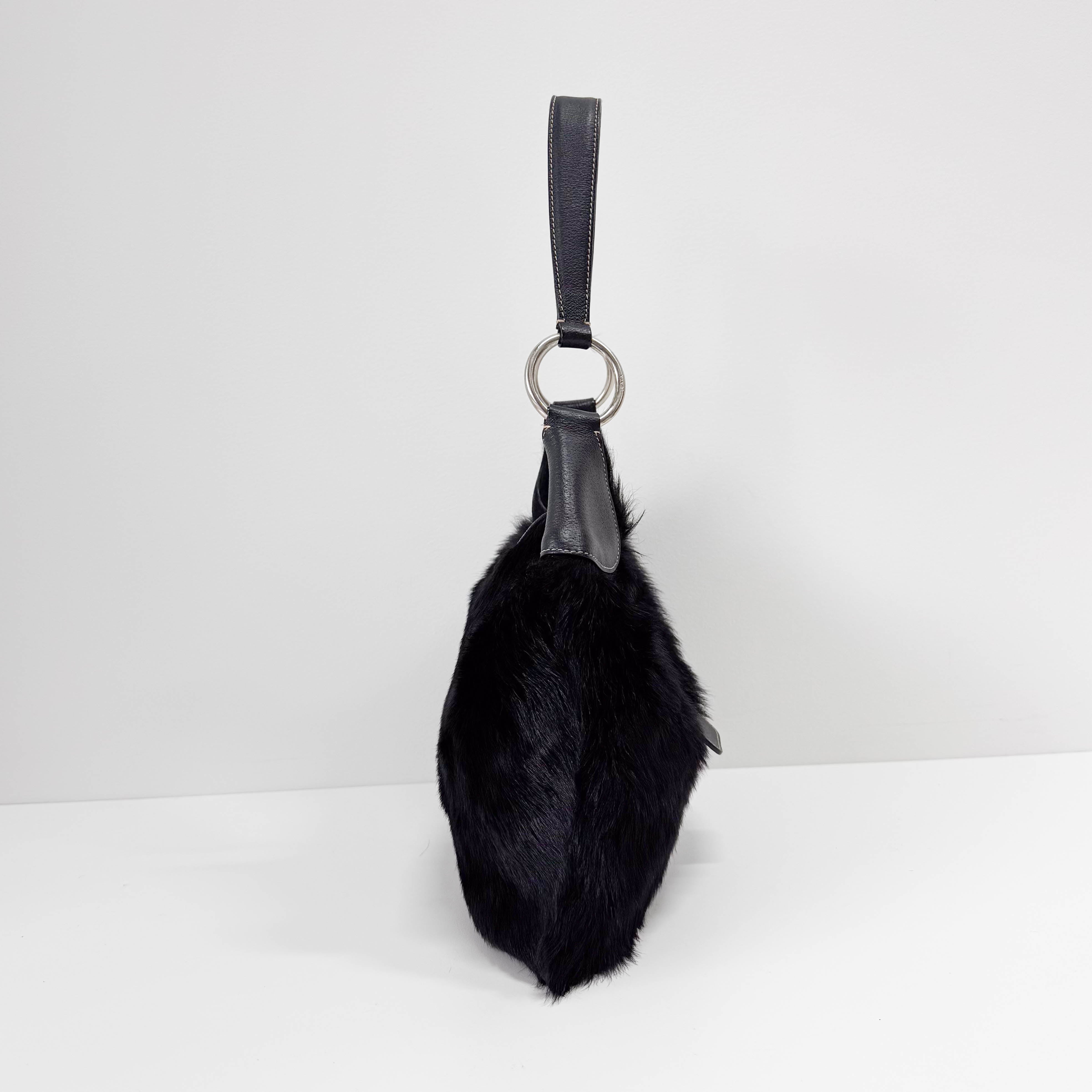 Black Fur with Leather Buckle Shoulder Bag