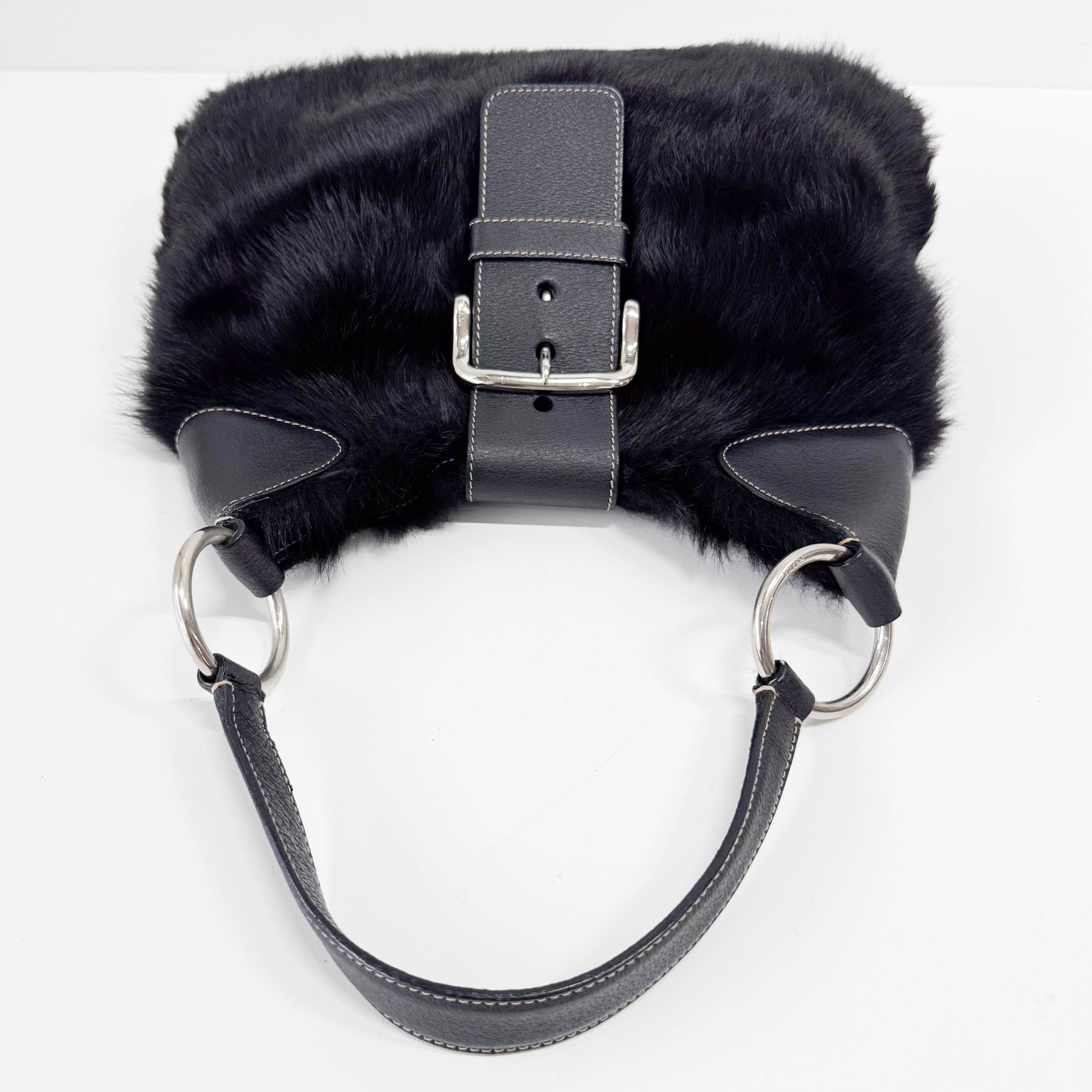 Black Fur with Leather Buckle Shoulder Bag