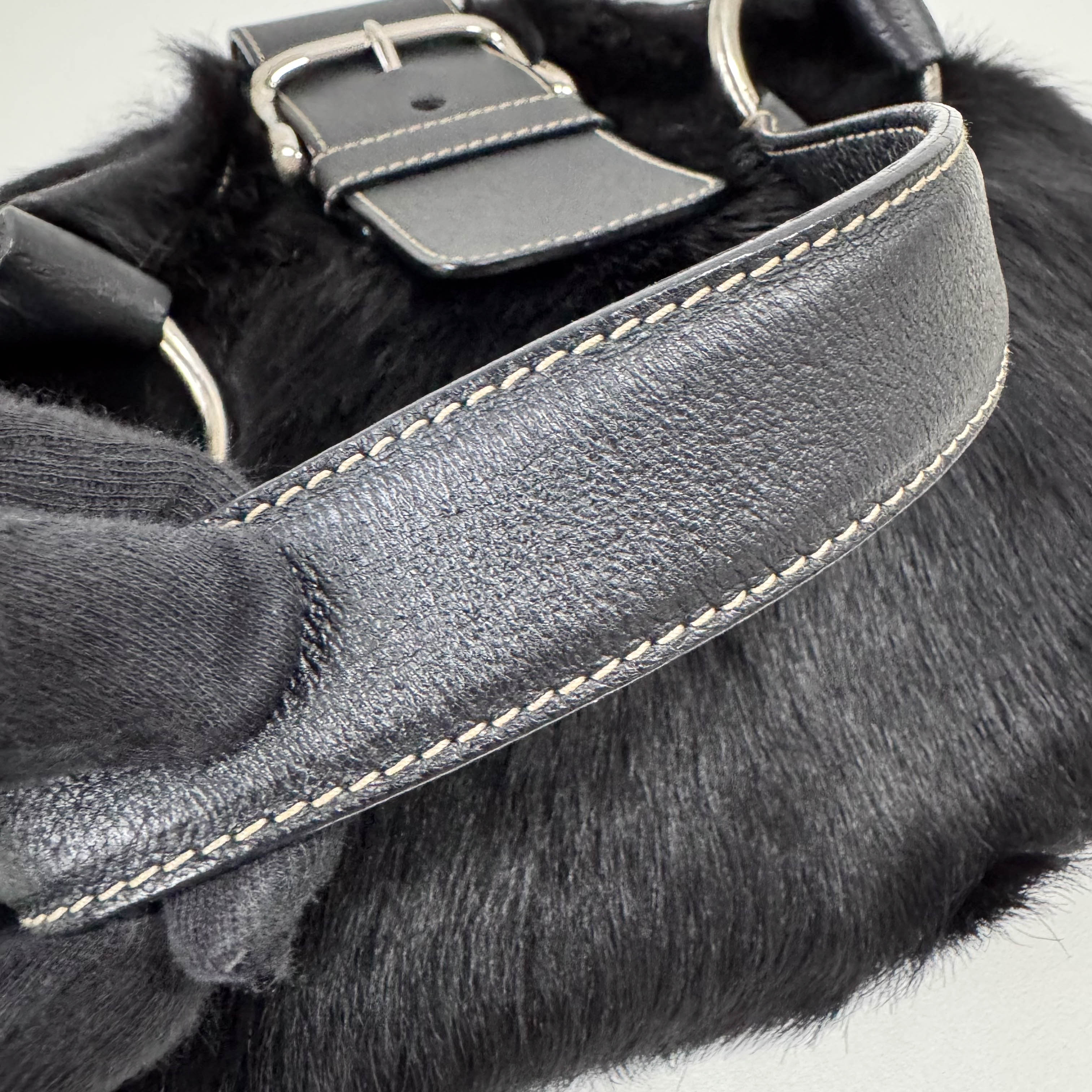 Black Fur with Leather Buckle Shoulder Bag
