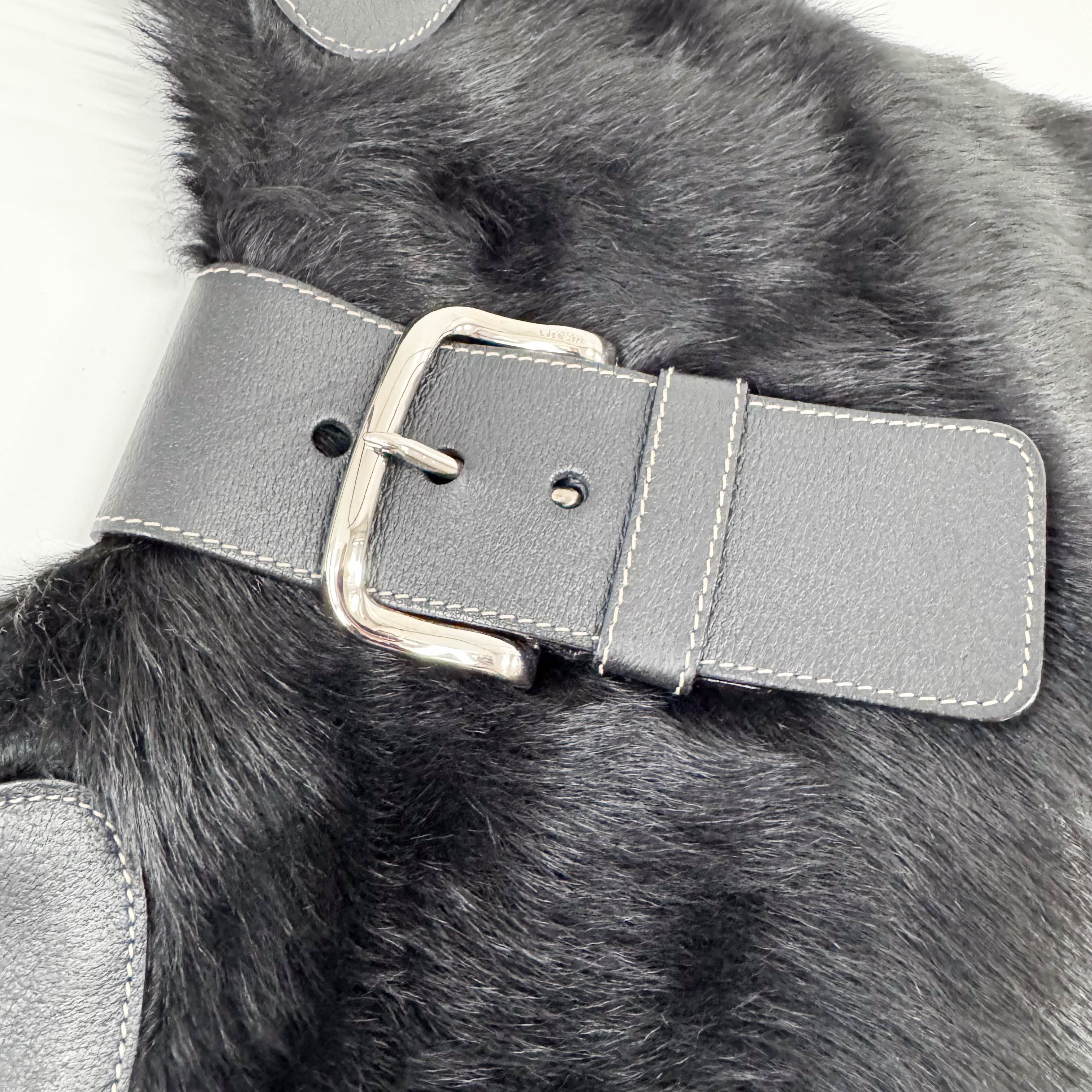 Black Fur with Leather Buckle Shoulder Bag