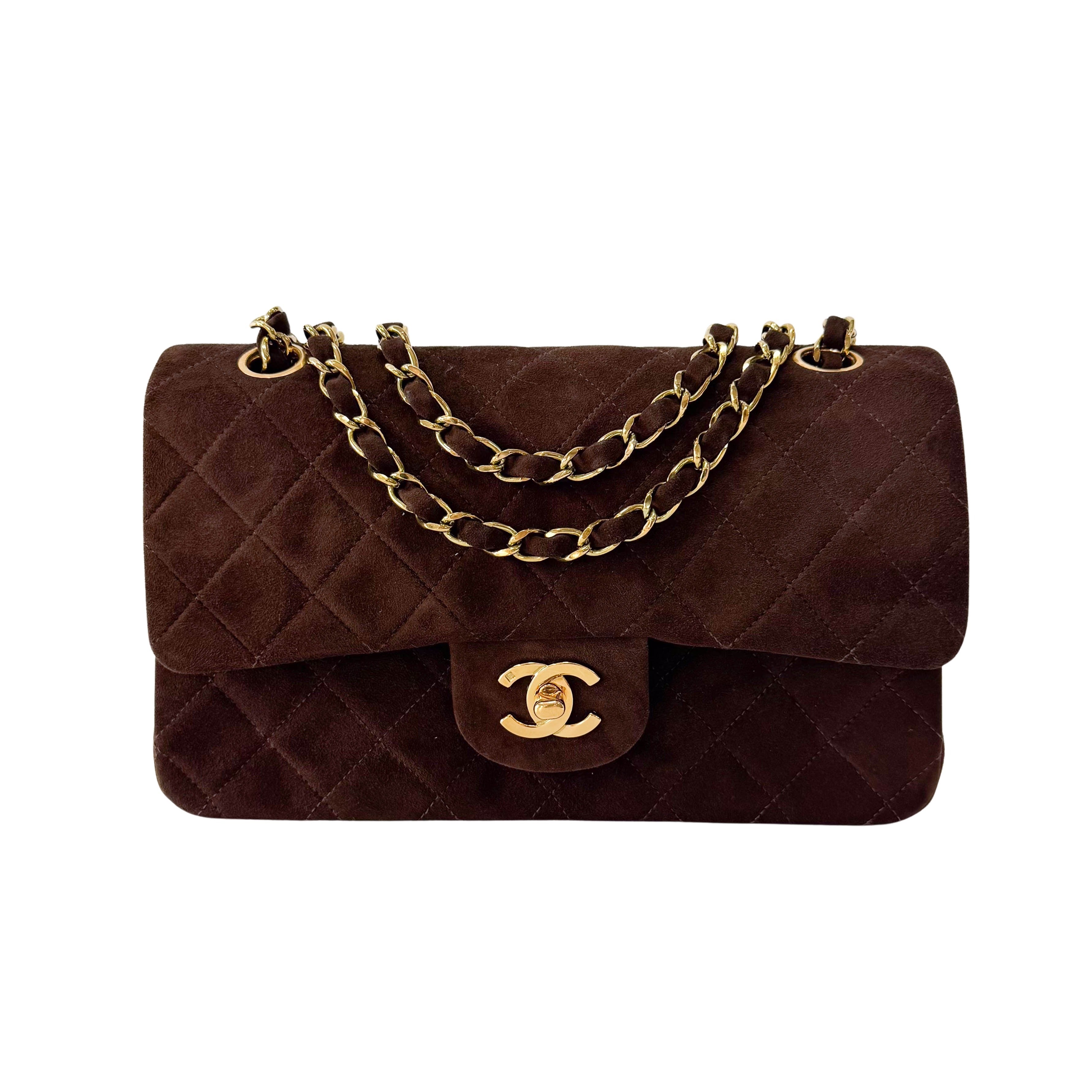 Timeless Classic Double Flap Brown Suede Chain Shoulder Bag
