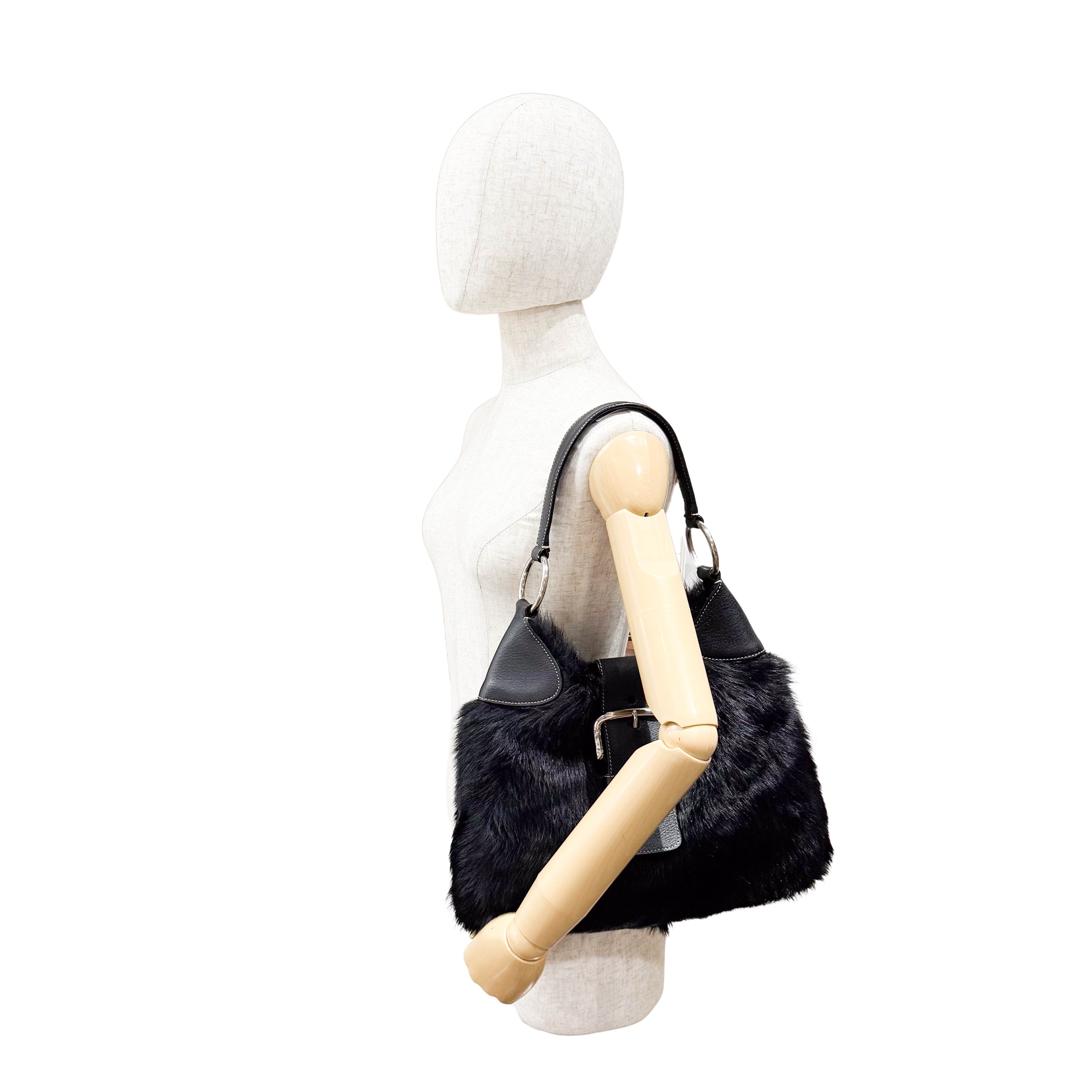 Black Fur with Leather Buckle Shoulder Bag