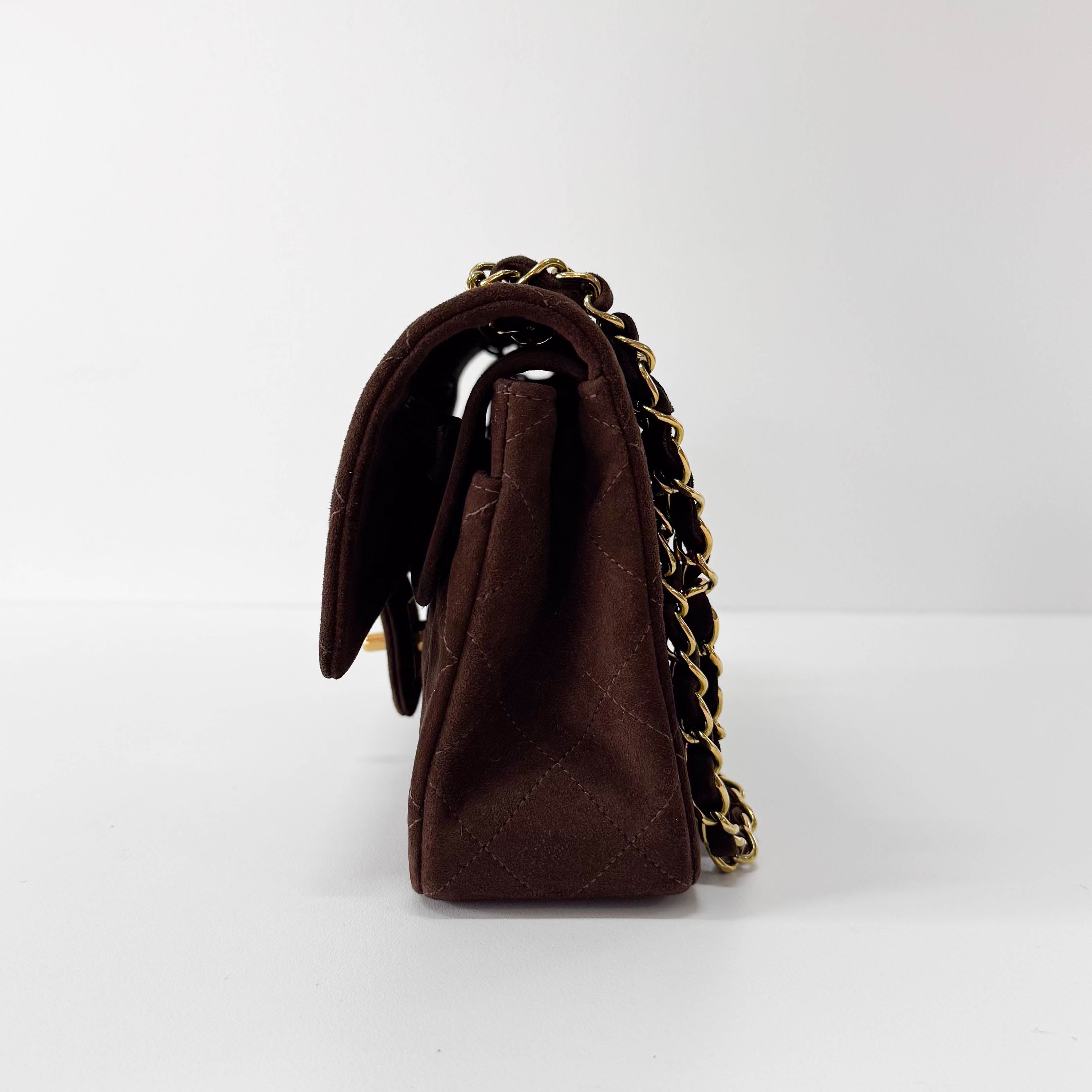 Timeless Classic Double Flap Brown Suede Chain Shoulder Bag