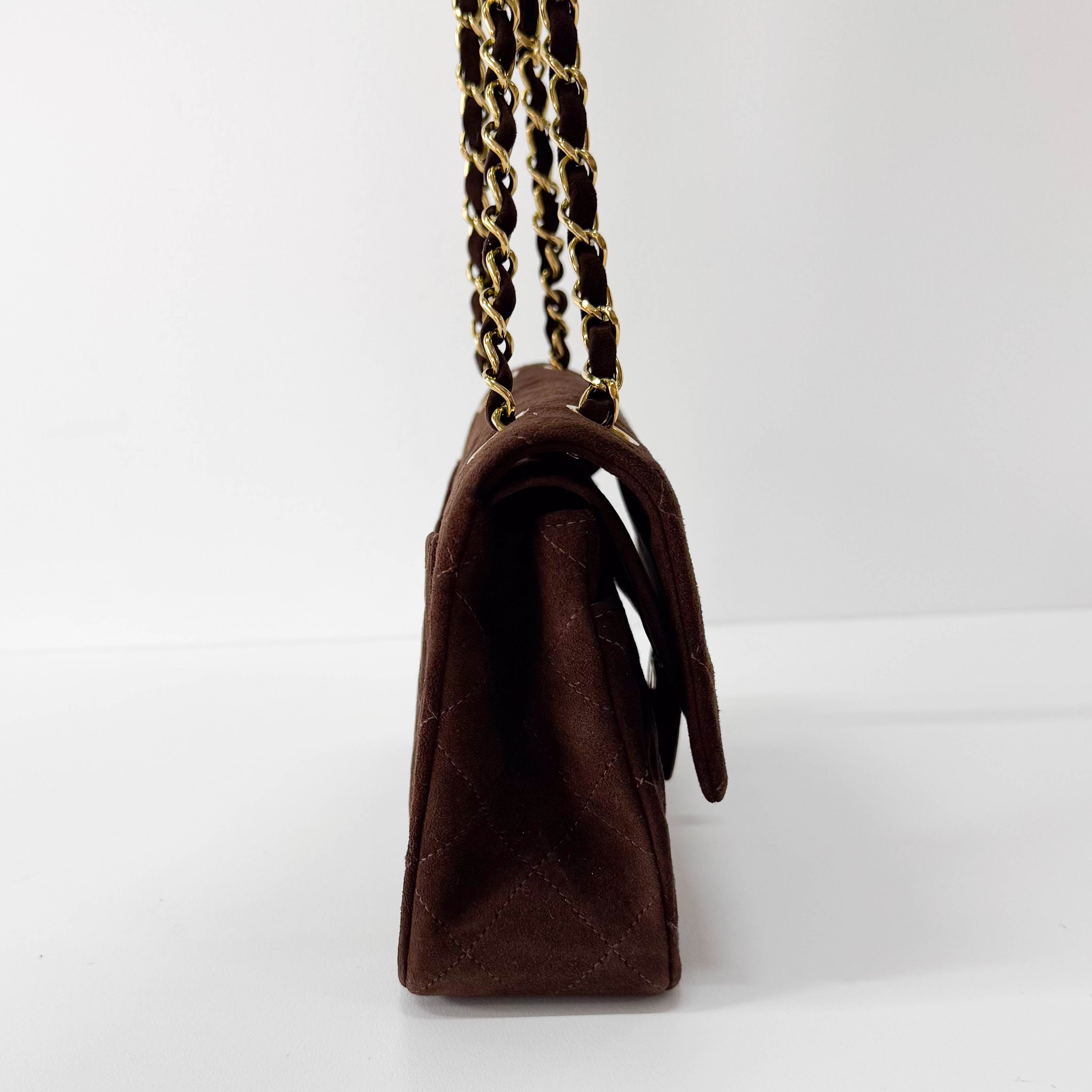 Timeless Classic Double Flap Brown Suede Chain Shoulder Bag