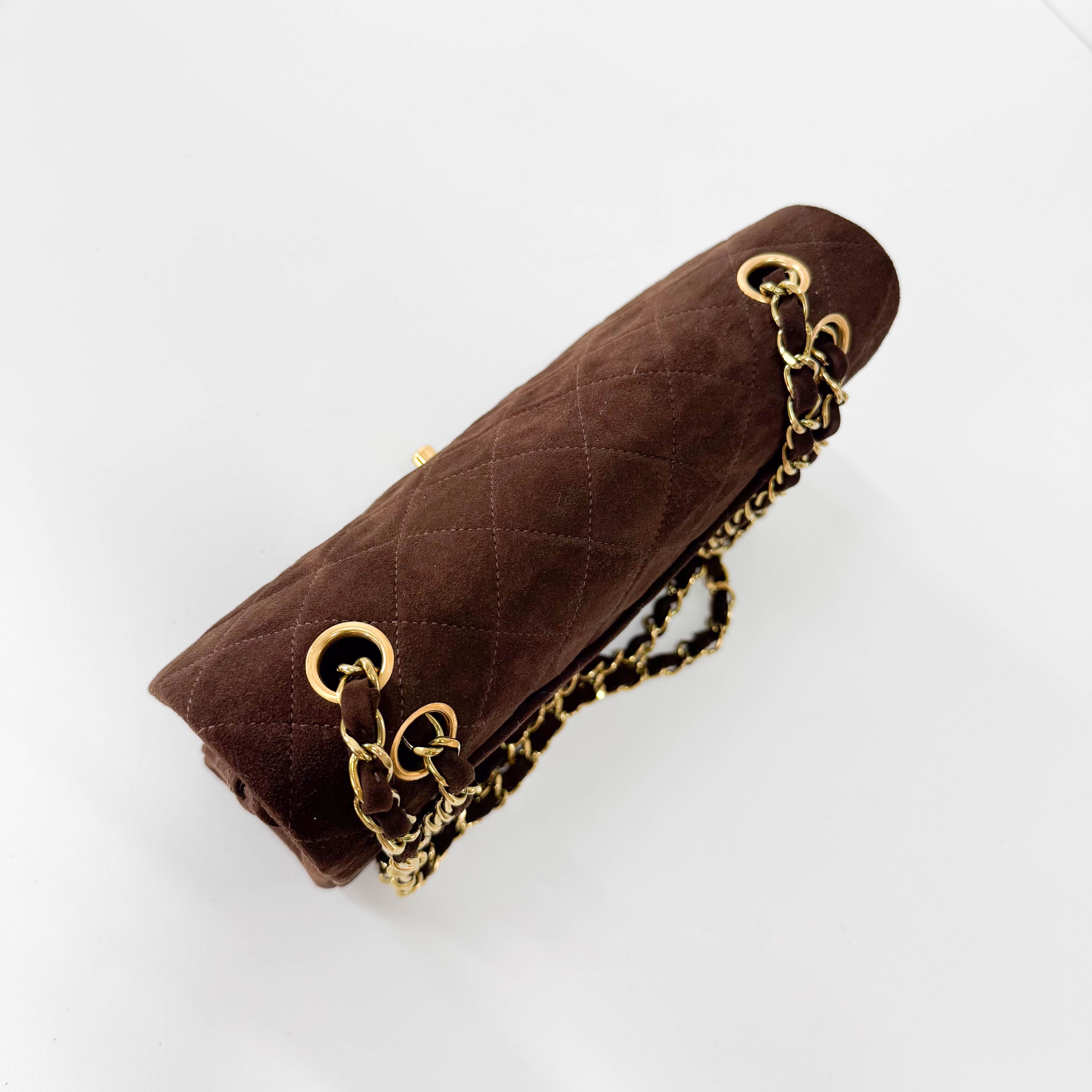 Timeless Classic Double Flap Brown Suede Chain Shoulder Bag