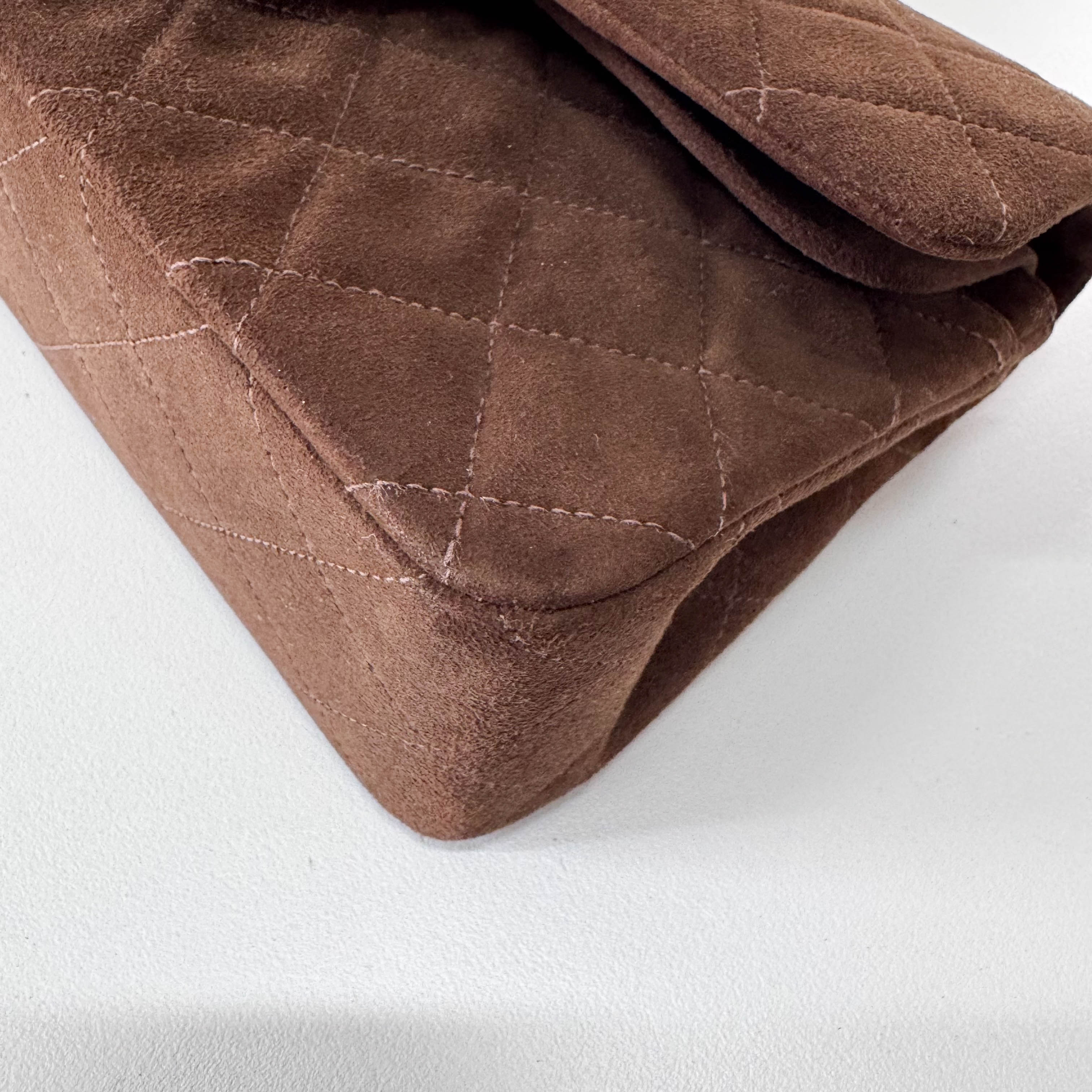 Timeless Classic Double Flap Brown Suede Chain Shoulder Bag