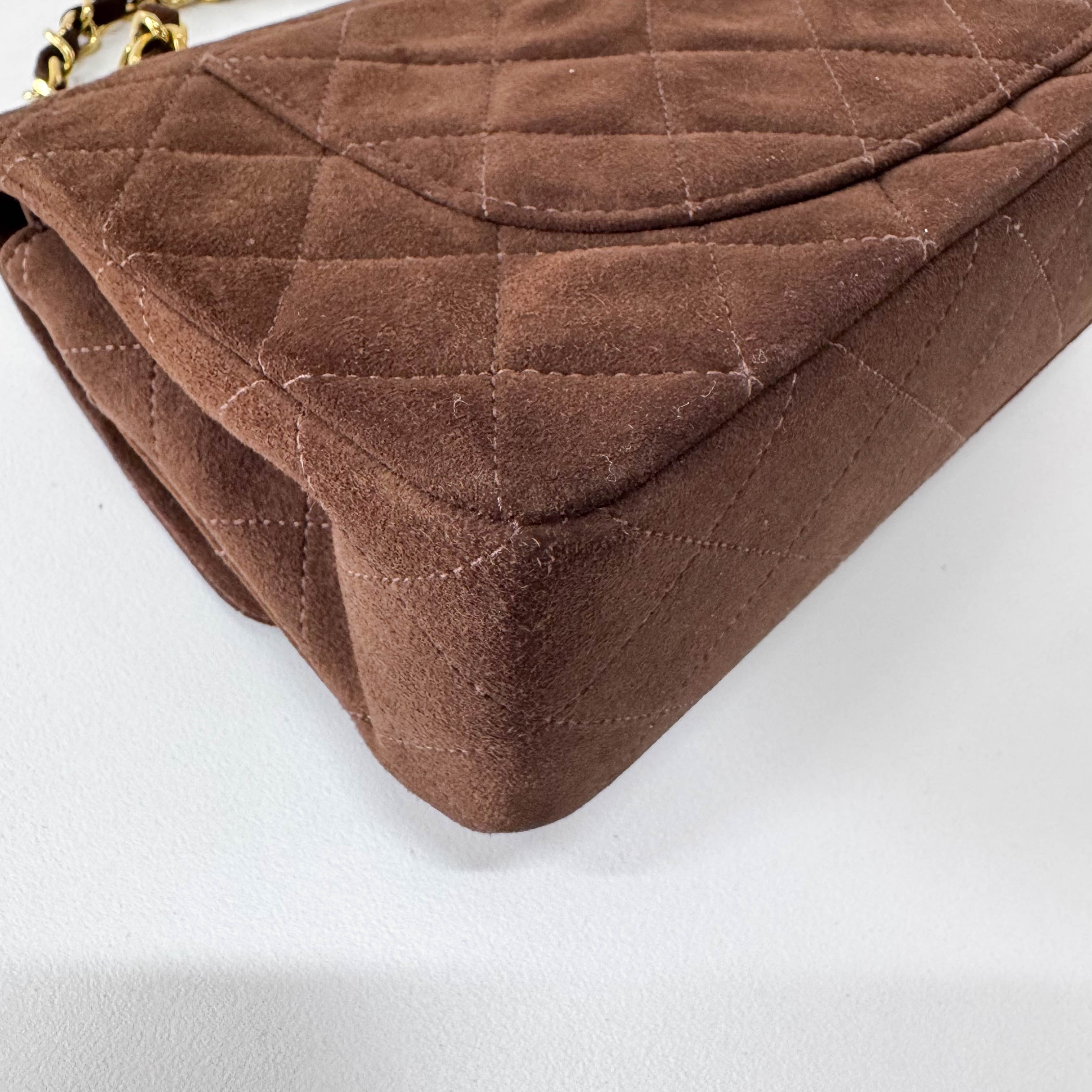 Timeless Classic Double Flap Brown Suede Chain Shoulder Bag
