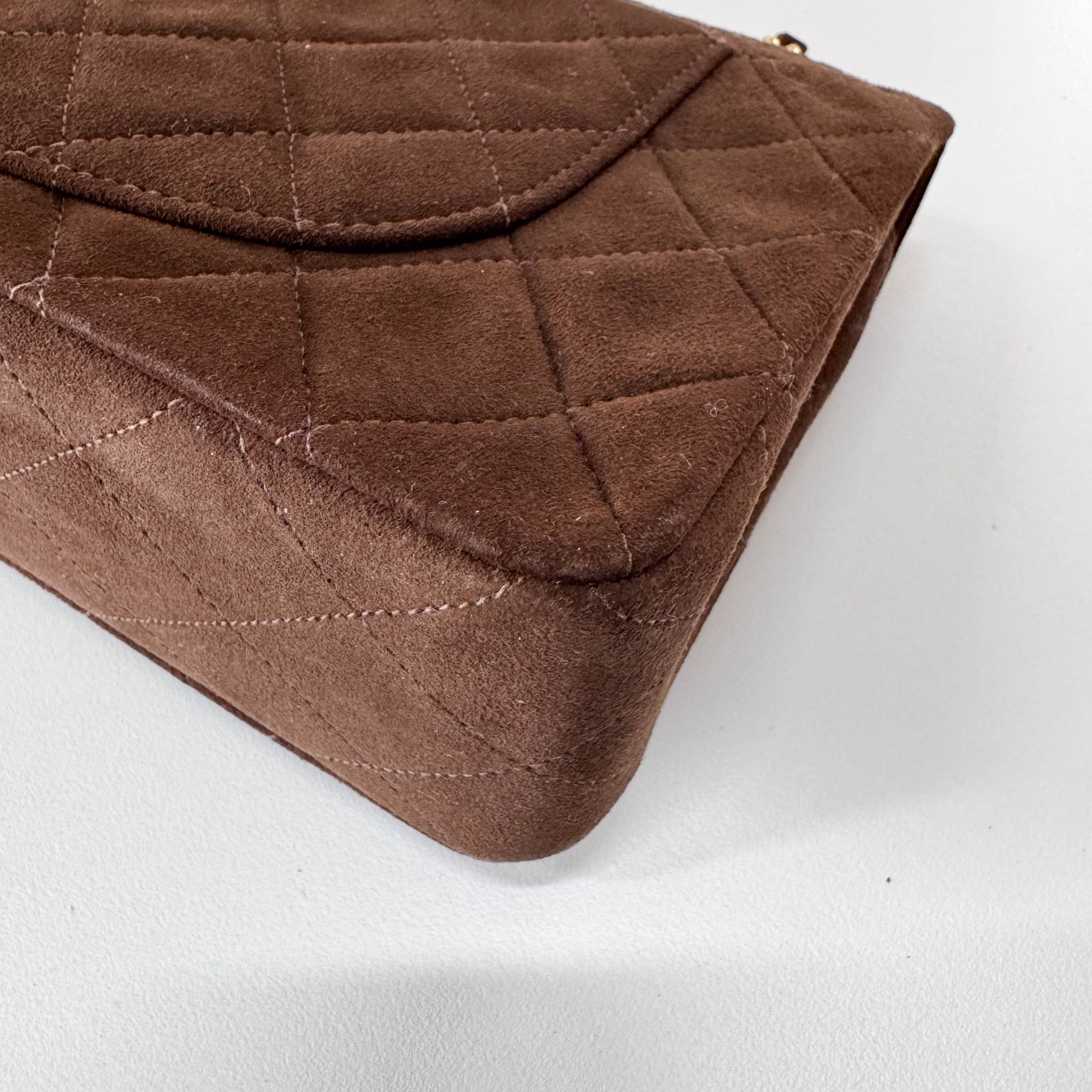 Timeless Classic Double Flap Brown Suede Chain Shoulder Bag