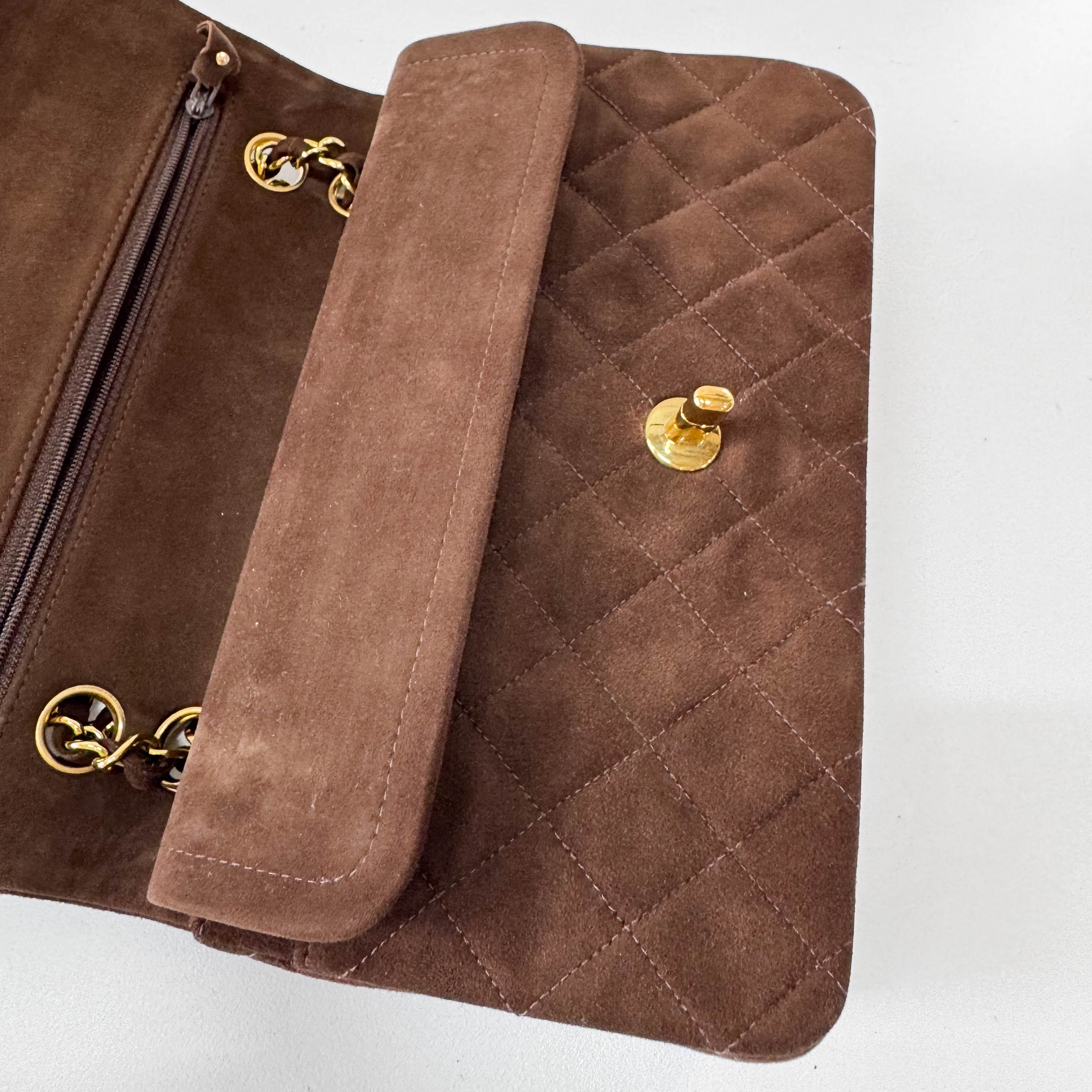 Timeless Classic Double Flap Brown Suede Chain Shoulder Bag