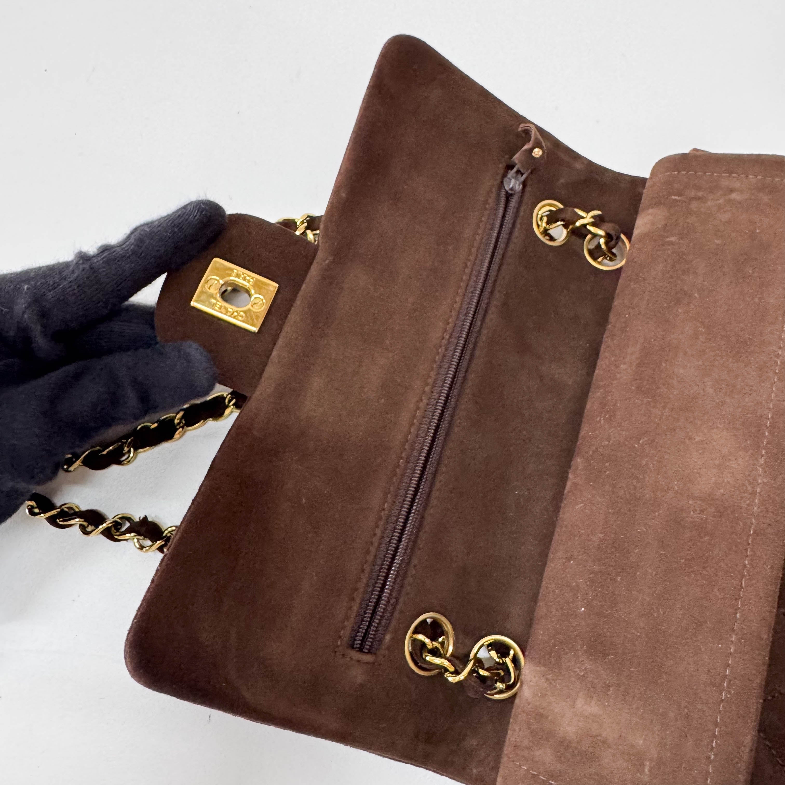 Timeless Classic Double Flap Brown Suede Chain Shoulder Bag