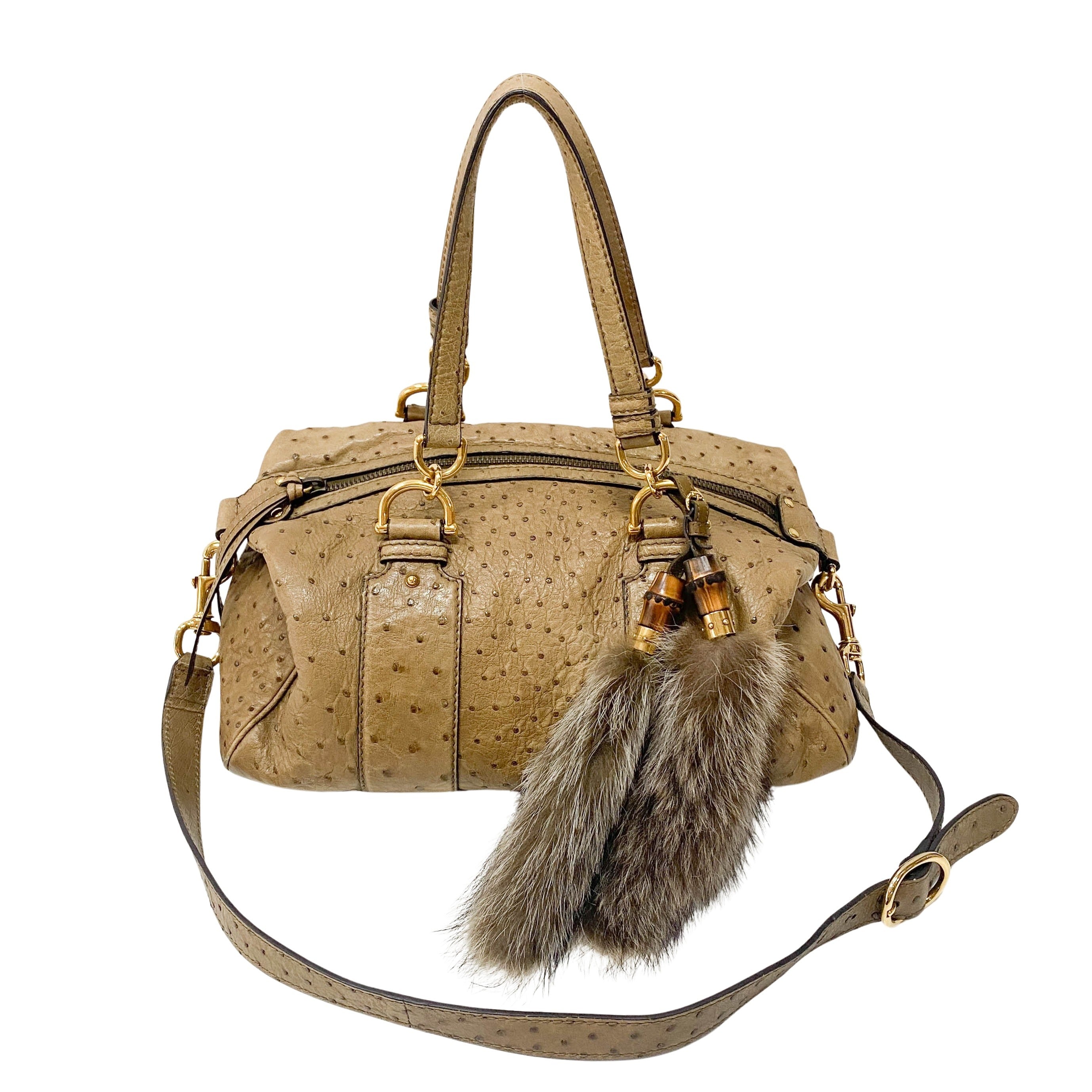 Ostrich Brown Leather with Fur Bag Charm Bag