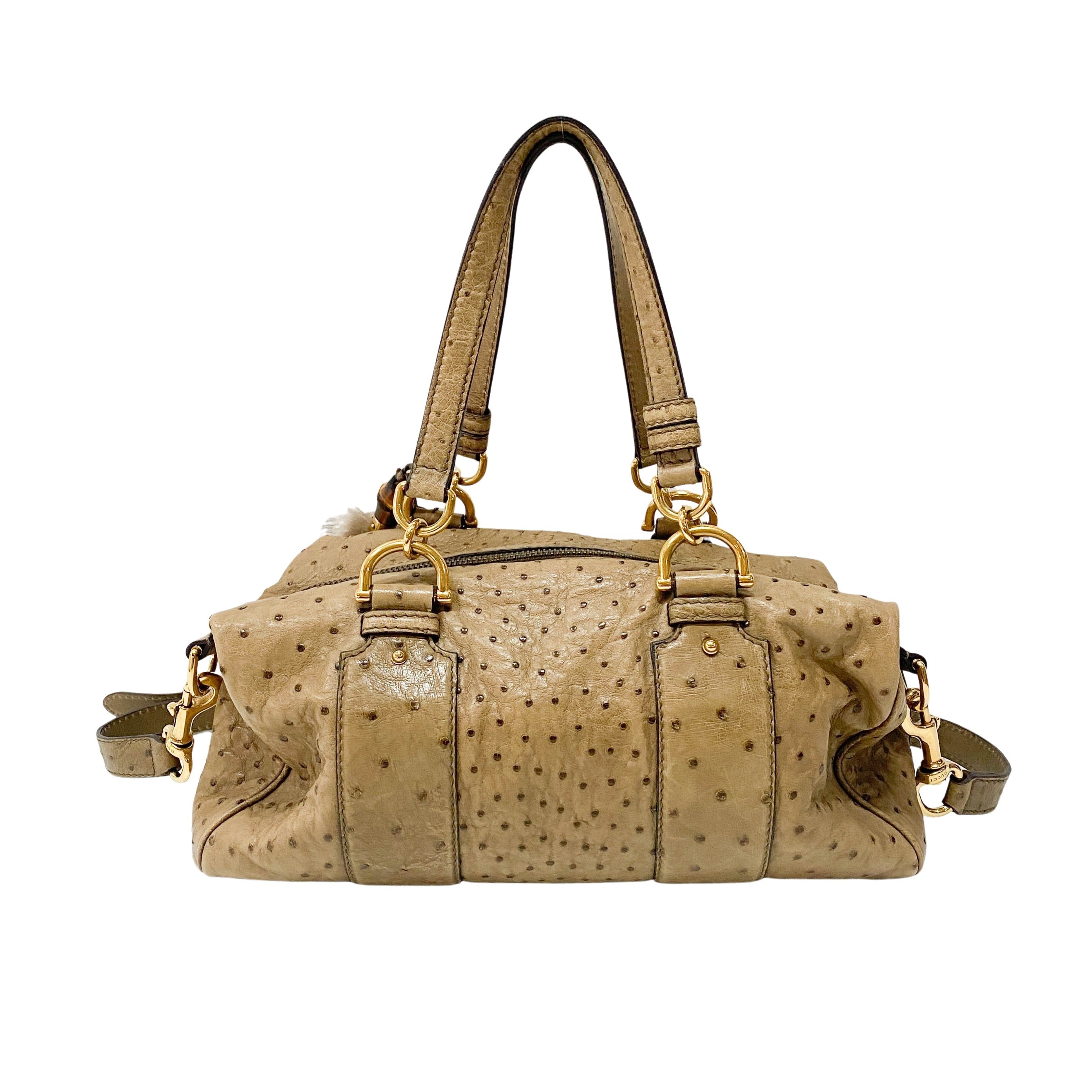 Ostrich Brown Leather with Fur Bag Charm Bag