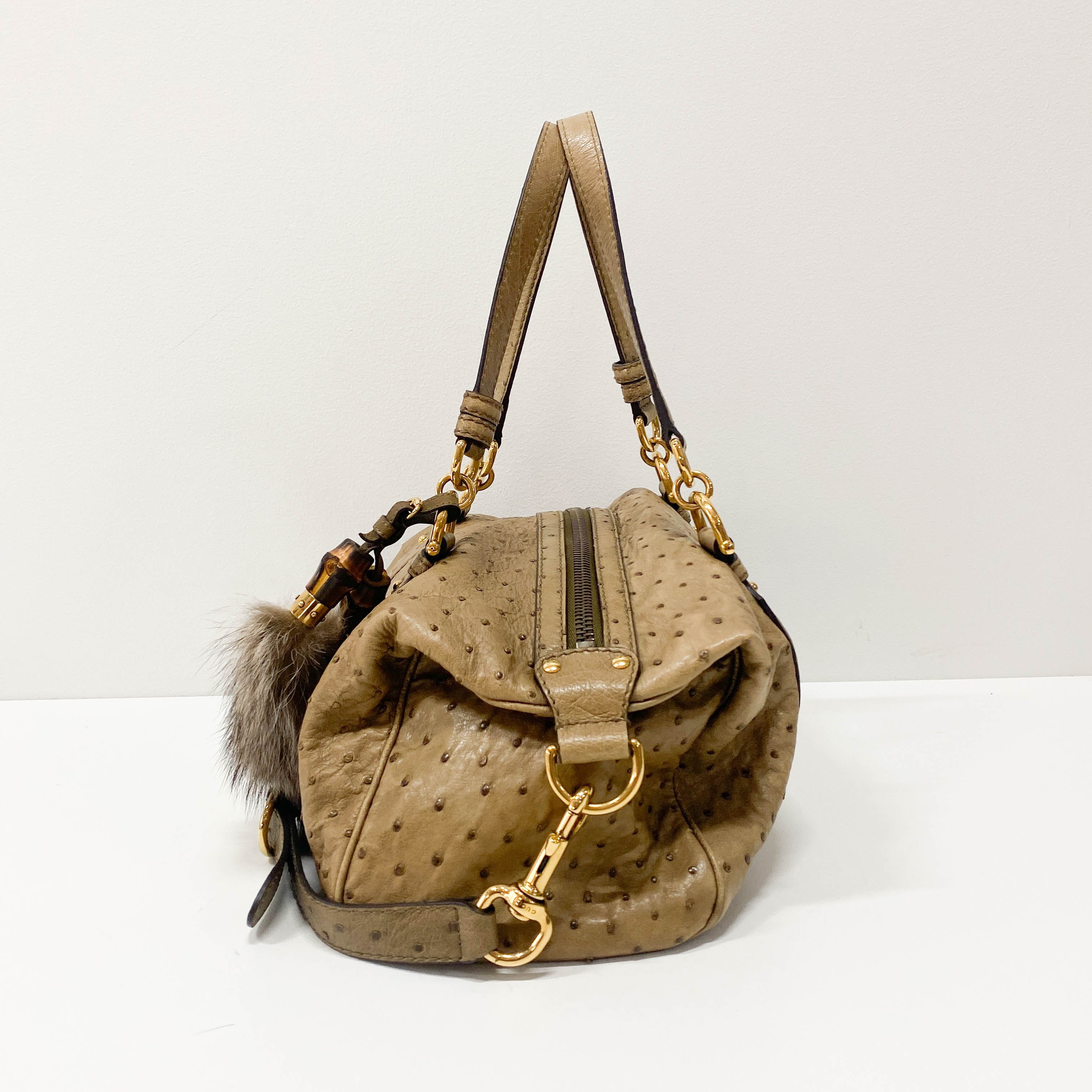 Ostrich Brown Leather with Fur Bag Charm Bag