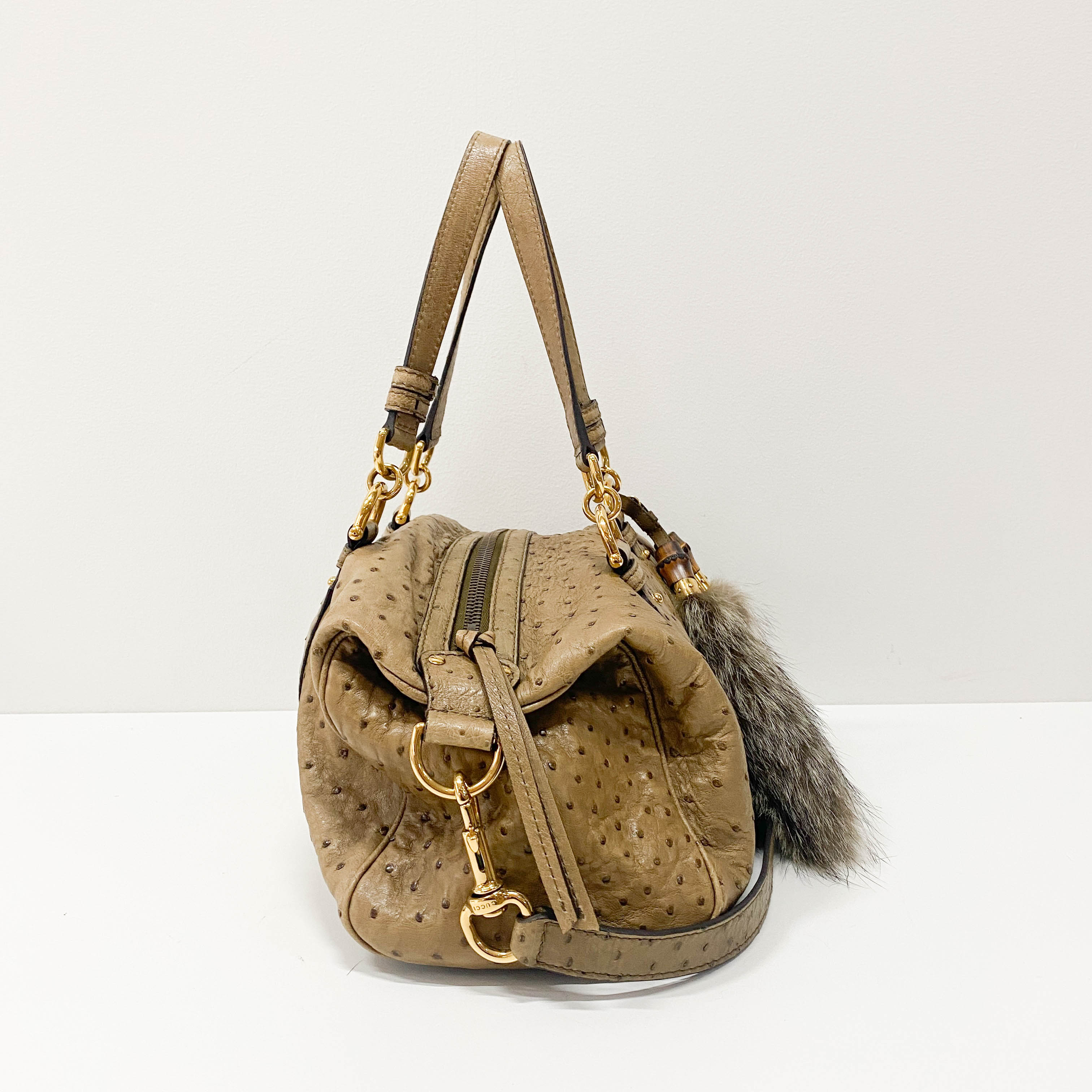 Ostrich Brown Leather with Fur Bag Charm Bag
