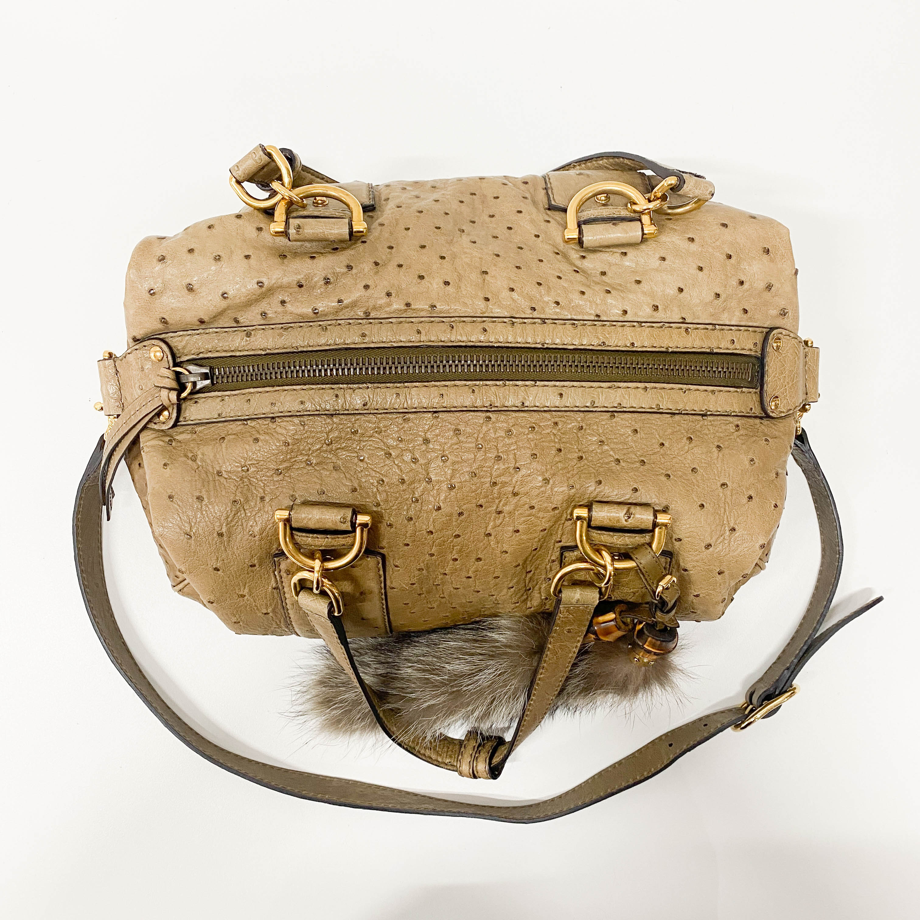 Ostrich Brown Leather with Fur Bag Charm Bag