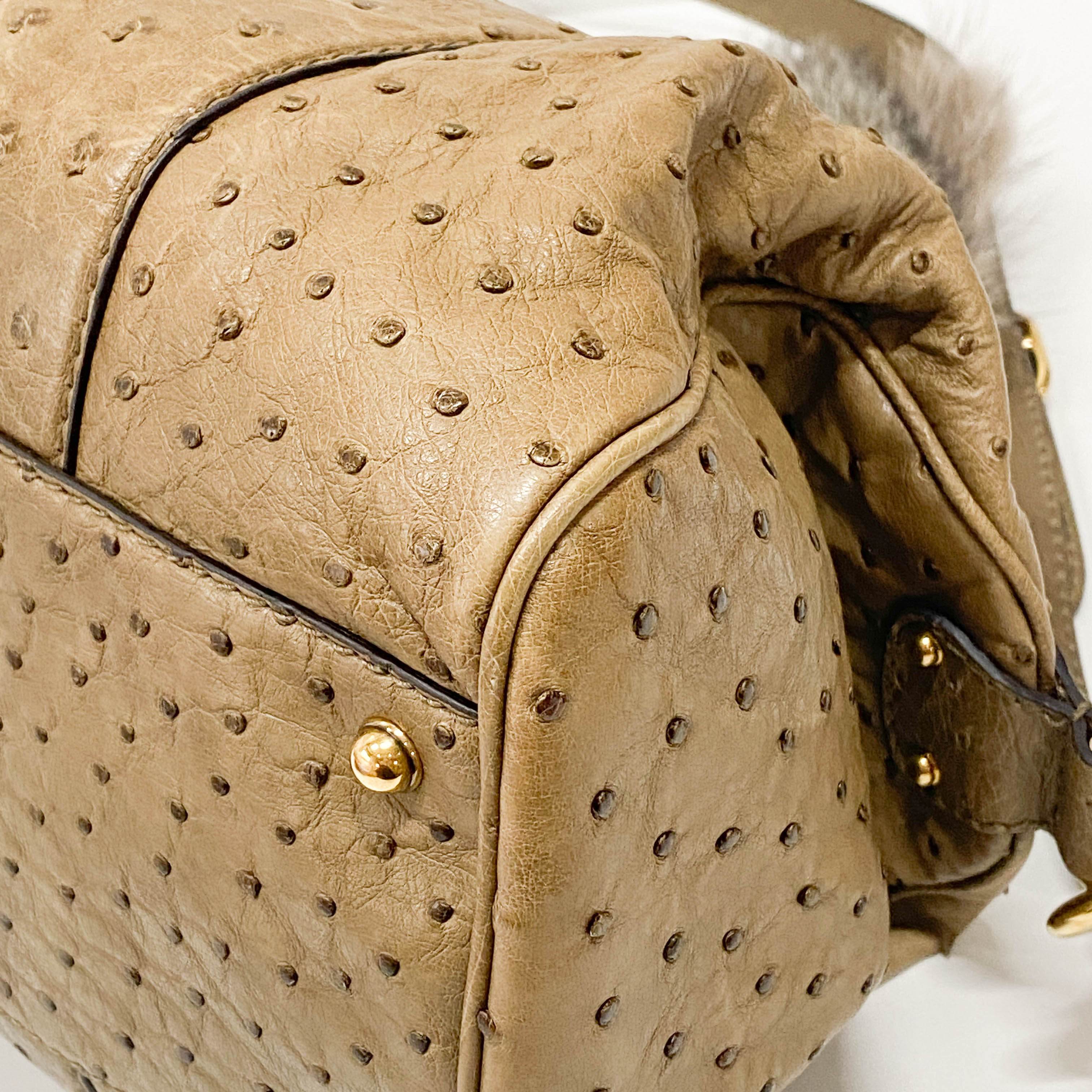 Ostrich Brown Leather with Fur Bag Charm Bag