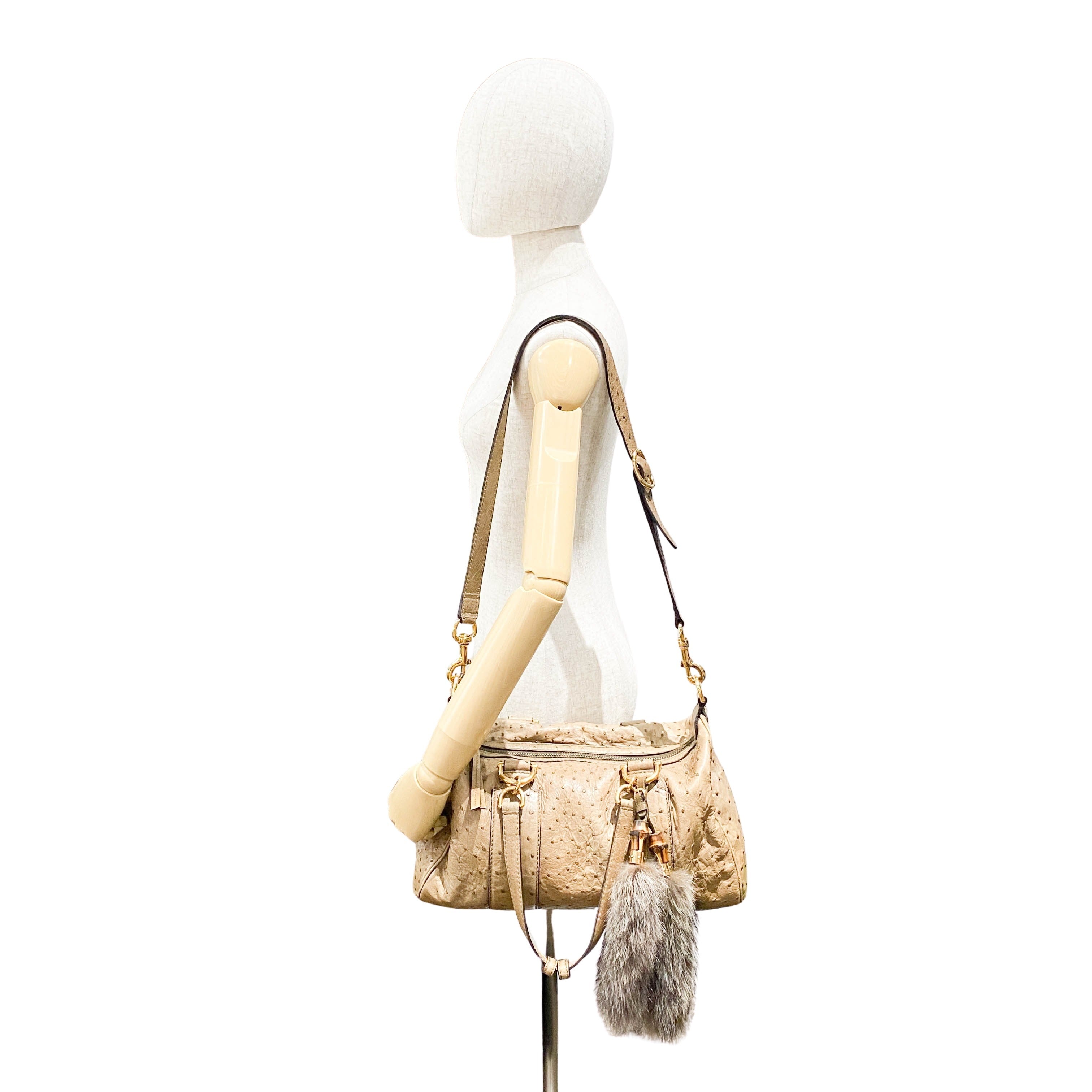 Ostrich Brown Leather with Fur Bag Charm Bag