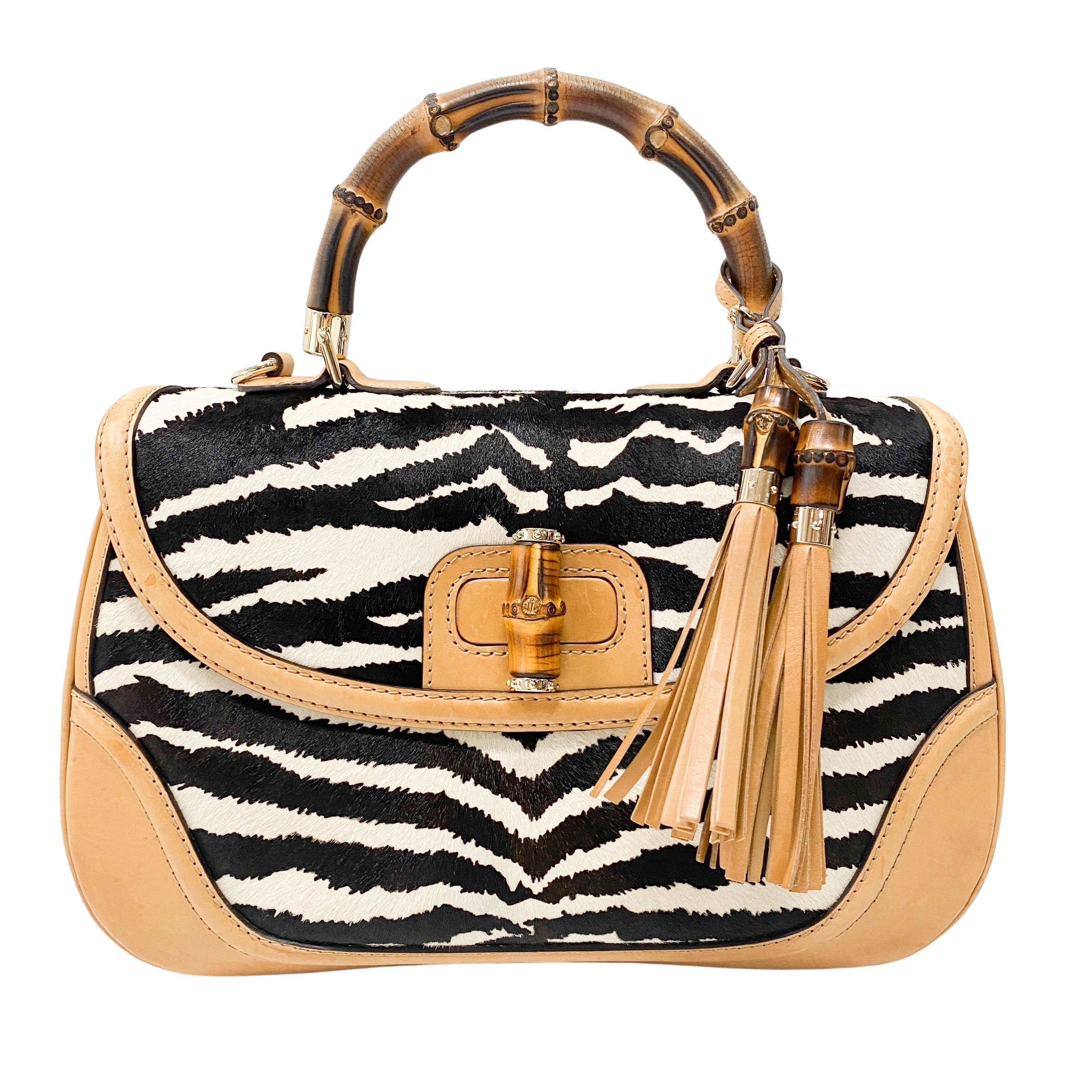 Brown Leather Zebra Print Bamboo Top Handle Bag
